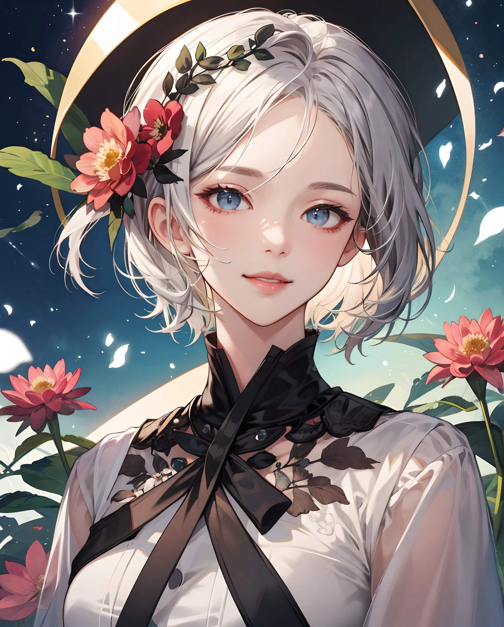 masterpiece、top-quality、超A high resolution、2D Beautiful Girl、animesque、teens girl、Peachy Hair、short-haired、Dahlia flower hair ornament、Beautiful silver eyes、The clothes are also depicted in detail、Eyes are depicted in detail、The face is depicted in detail、sorcerer、soio、Lonely smile、hair adornments、animesque、illustratio