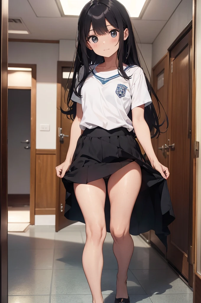 ((best quality)), ((master part)), (Detalhes: 1.4),Anatomical, Arte conceitual premiada, Beautiful, detalhes finos, 1 girl, sozinho, pintura de corpo inteiro, Head to knee, Roupa interior, Panties, saia, Calcinha Branca, Wet, camisa, roupas molhadas, Elevador de Saia, corar, cabelos pretos, sala de aula, umbigo, elevador de roupas, arco, fundo simples, Levante-se, camisa branca, uniforme, Desviar o olhar, mangas curtas, limpar irregularidades mamilares