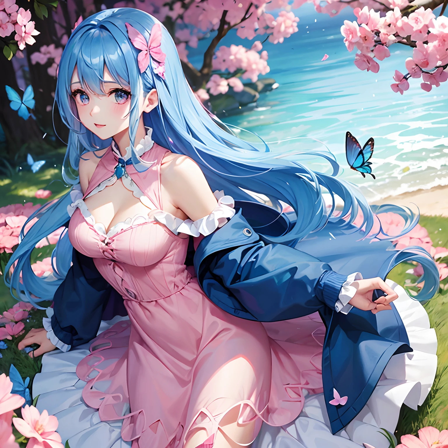 a women, blue butterfly, blue hair, pink eyes, pink dress