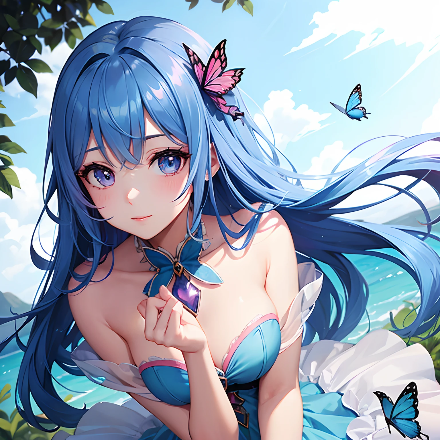 a women, blue butterfly, blue hair, pink eyes