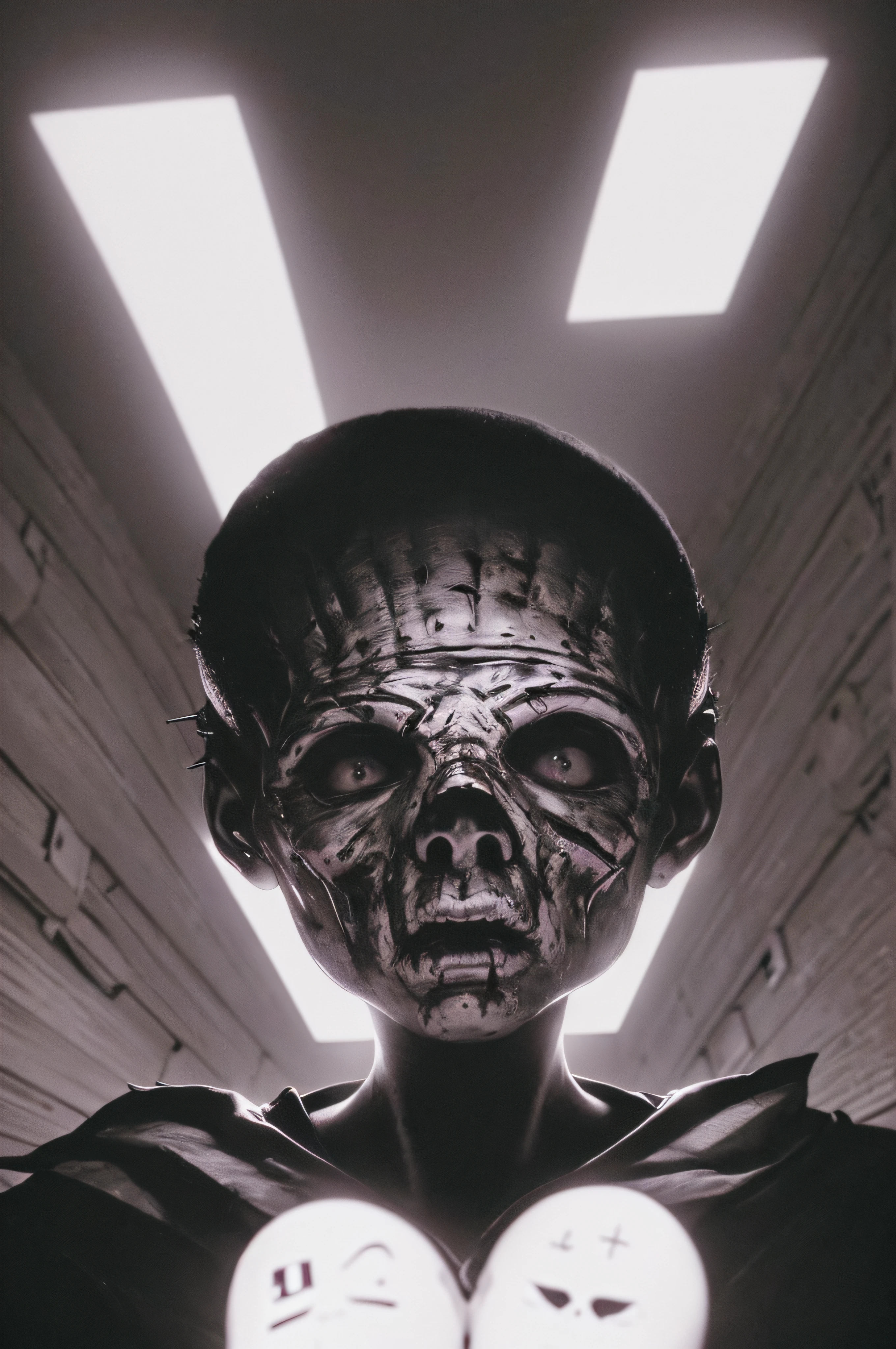 "(The best lighting, oscuro, dramatic),(feto calavera alien, Hellraiser, Cicatrices, sexy, cerebro, sangre, alas blancas sucias, una rata dentro de la cabeza, terror.),(ojos rojos, calaveras). morning light.