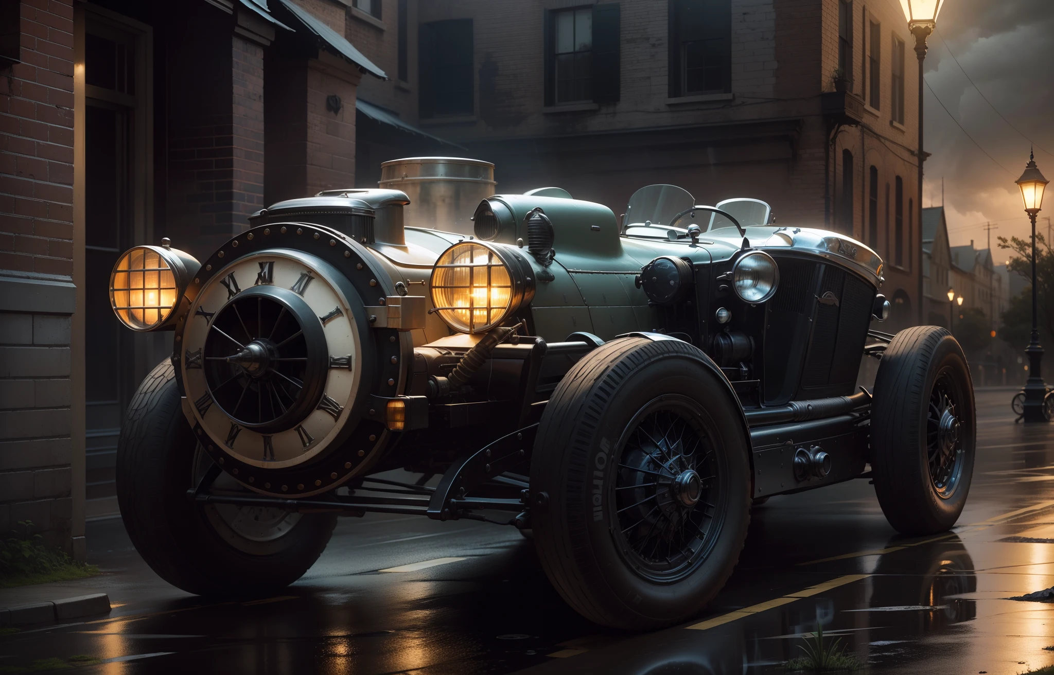 Um carro esportivo vintage preto steampunk, with all three headlights on, acelera a toda velocidade por uma rua steampunk molhada. The water is all over the ground, criando um rastro de espuma. The sky is dark and stormy, with lightning and thunder. The background is blurred, Mas um grande, Well-lit clock tower can be seen in the distance.
The car is highly detailed, with polished metal parts and shiny glazing. The clock tower is also detailed, com engrenagens e ponteiros bem esculpidos. The lighting is perfect, creating a dramatic contrast between the dark car and the stormy sky.
The image is an artistic photograph in 8K, renderizada com Octane. It's perfectly composed and framed, with a divine proportion. The focus is sharp, Highlighting the intricate details of the car and clock tower.
Image is directed by Greg Rutkowski, um artista conhecido por suas pinturas e fotografias steampunk.