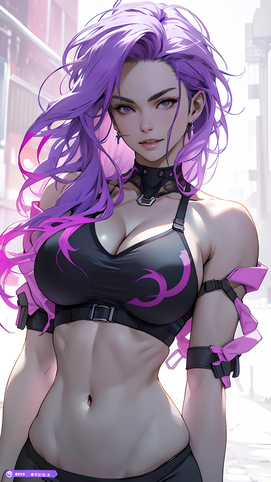 Masterwork, Best Quality, ultra-detailed, dynamic lighting, photo-realistic, a close up of a woman with a purple hair and a black bra top, huge breasts, sexy body, Curvy,