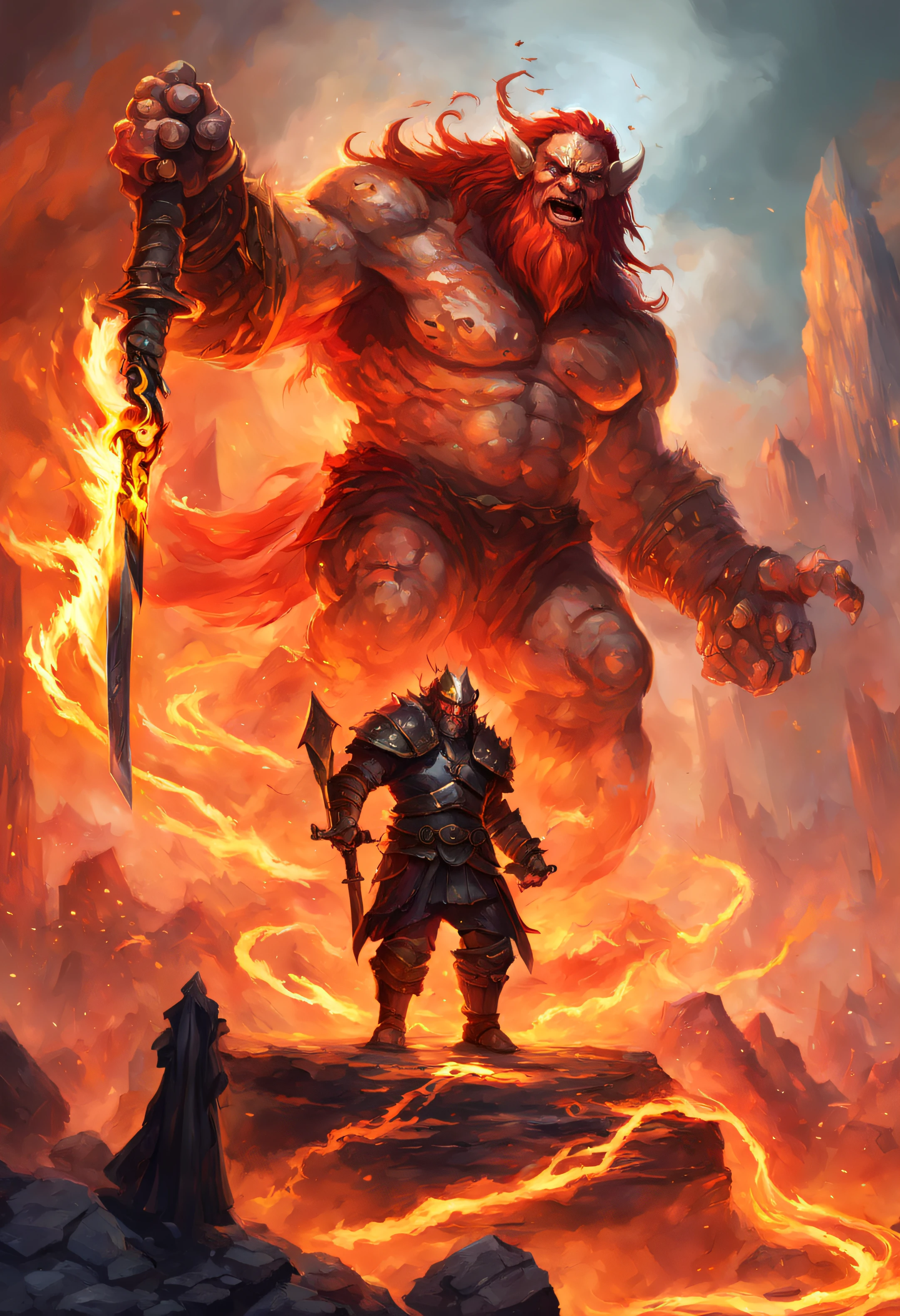 a fire giant, the world around him on fire, he has a flaming sword