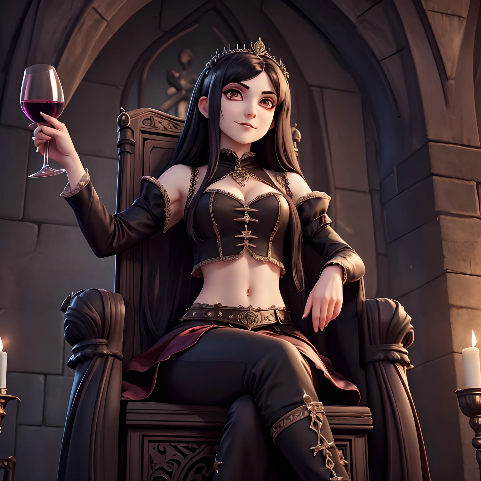 ((female gothic noble outfit sitting on a throne holding a glass wine goblet filled with blood)), royal noble outfit, ((vampire)), has teeth fangs, long black hair, portrait, 8k resolution, masterpiece, high quality, ultra detailed eyes, 1girl, female focus, vampiric features, showing, vampire fangs, pale skin, smirking, ((midriff exposed)), castle interior background, gothic theme, (((from below)))