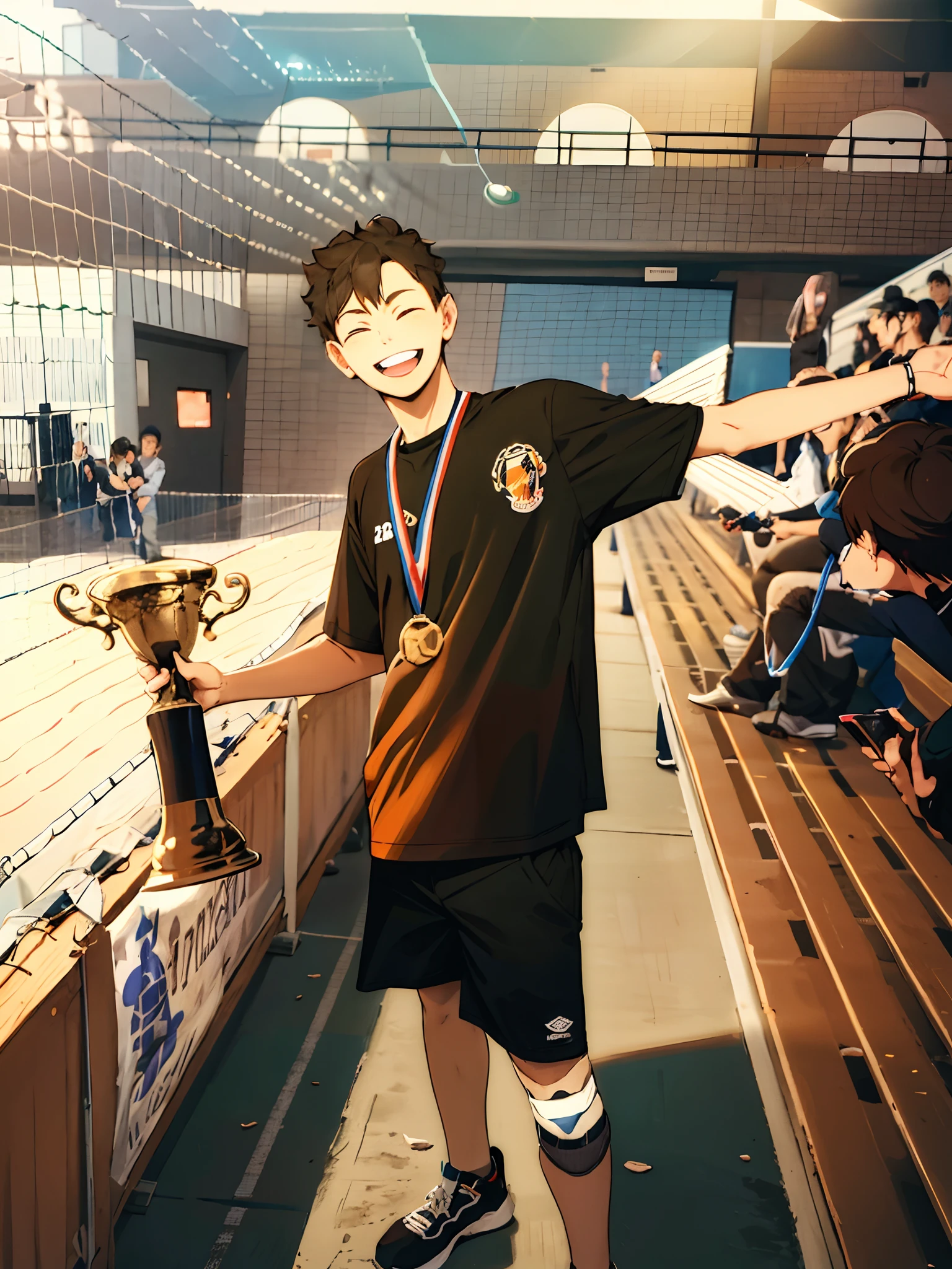 Boy holding a trophy with a volleyball t-shirt a medal in a stand with a crowd behind smiling and with a knee brace