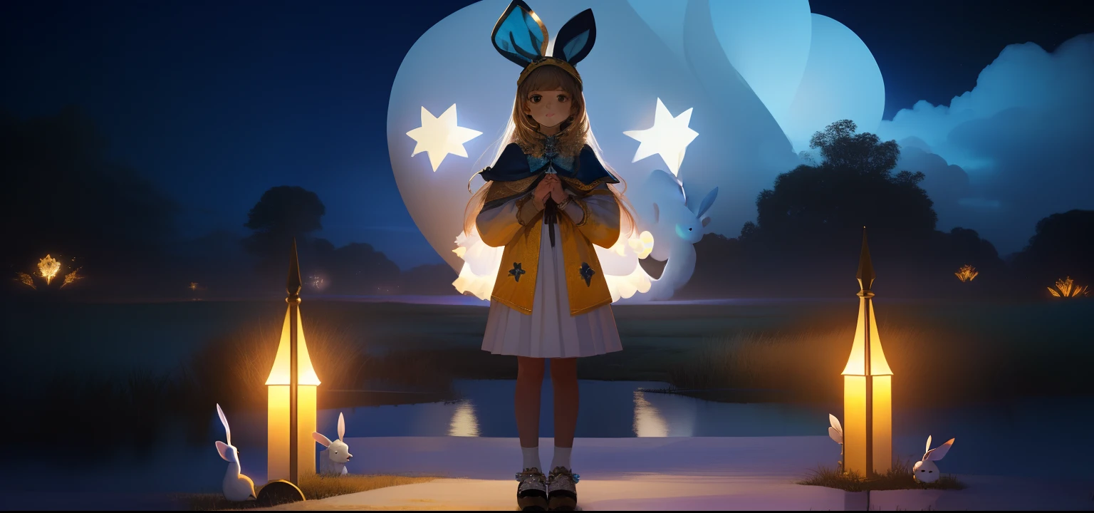 There are clouds in the background with the starry sky, A  is standing with her hands together, Fantasy-style rendering, menina com e borboleta brilhante, menina com velas or dela, dread branco, Girl with white rabbit mask