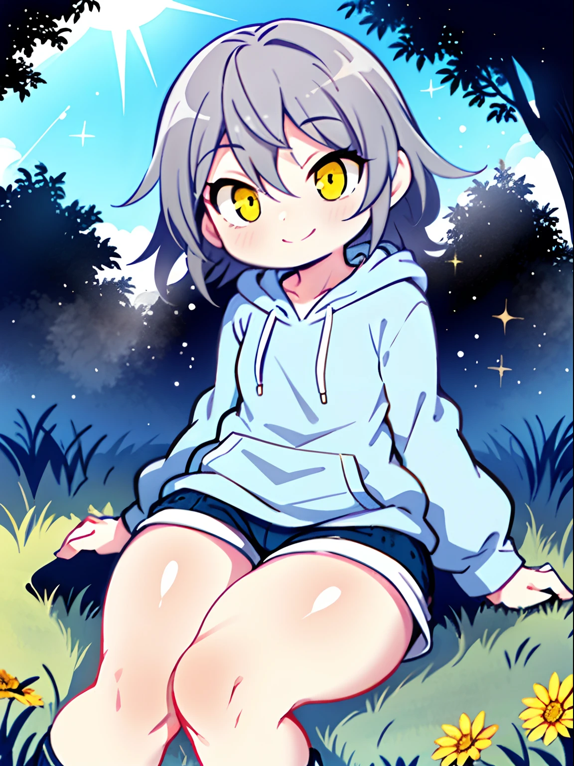 (((single))), ((((Tsuriformes)))), ((Glowing yellow eyes)), ((Smaller chest)), (((light purple disheveled hair))), Holding your phone in your hand, ((Lying on the grass)), ((Wear a light blue hoodie and gray shorts)), (((mischievous smile))), ((Staring upwards)), (((cheek bulge))), ((((thighs thighs thighs thighs!!!!!!)))), Big ass, ((thick leg)), ((Emphasis calf)), ((Medium short wavy hair)), A park bathed in dazzling sunlight