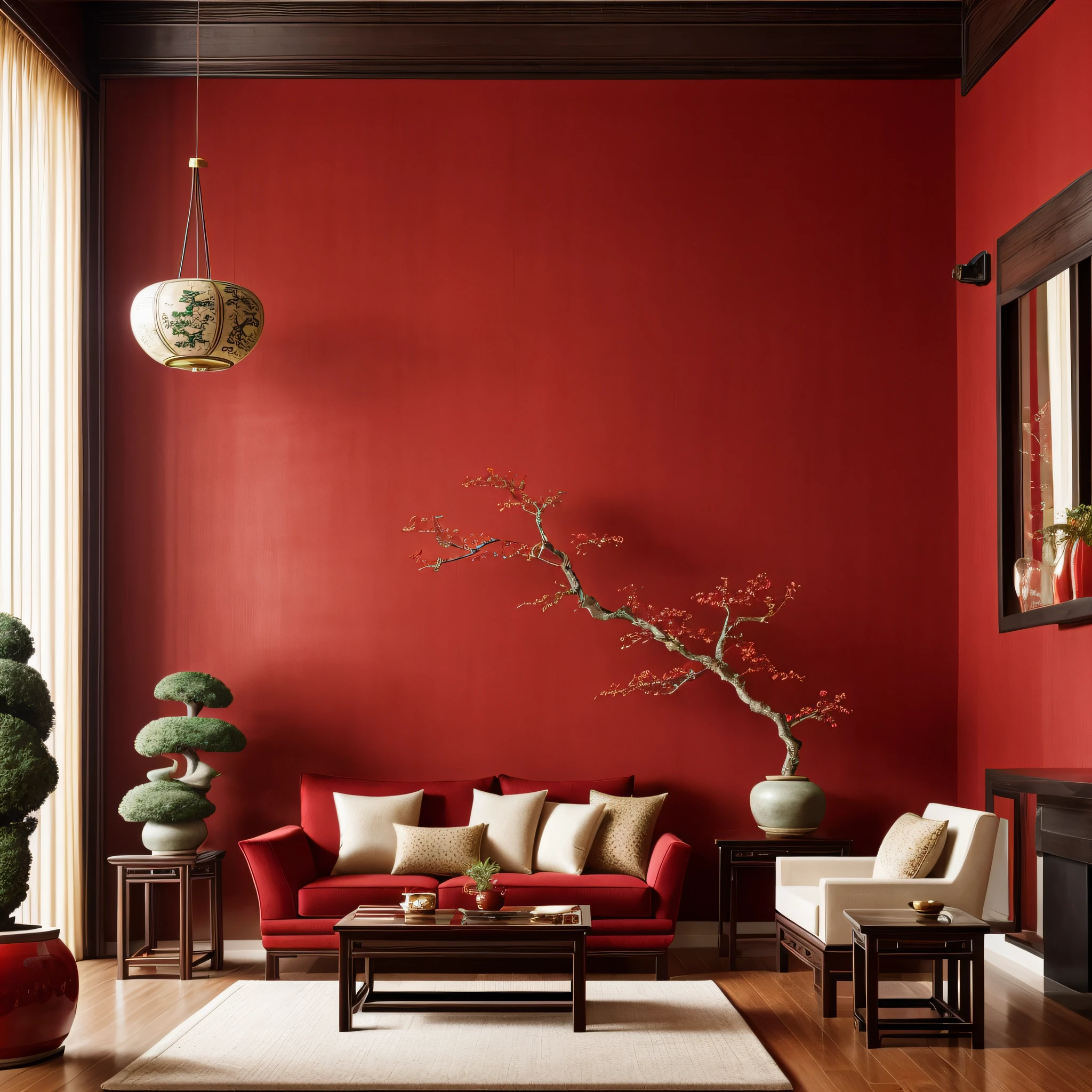 Living Room
Style: Contemporary Ming Dynasty
Interior: Step into the living room, where a blend of contemporary furnishings and Ming Dynasty-inspired elements creates a unique ambiance. Rich red silk upholstery complements dark wooden furniture, while a large statement piece, such as a Chinese calligraphy artwork, adorns the wall.
Decor: Red bonsai trees in elegant porcelain pots add a touch of nature, enhancing the connection to traditional Chinese aesthetics.
Atmosphere: A sophisticated and comfortable space that seamlessly merges modern living with timeless Chinese design.