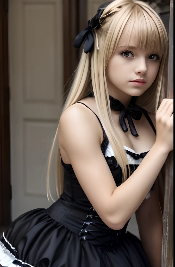 A girl,16 year old,blonde,(bangs bangs),pretty face,muscular arms,gothic and lolita dress