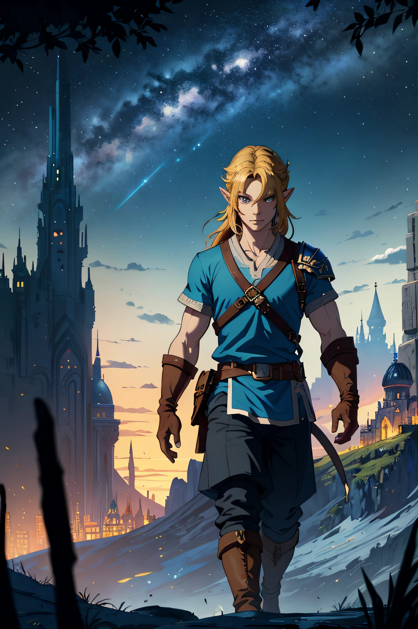 high quality, 8K Ultra HD, highly detailed, Abstraction, Oil, Sketch, Fantasy zelda game Big city landscape made of starry sky, Cubism, Brush, Palette, Pigment, Stroke, Contrast, Depth, Creativity, Imagination, Ceramic, Cerulean, Vermilion, Impasto, Glaze, Grayscale, Fauvism, Renaissance, luminism, 3d render, Isometric, awesome full color,