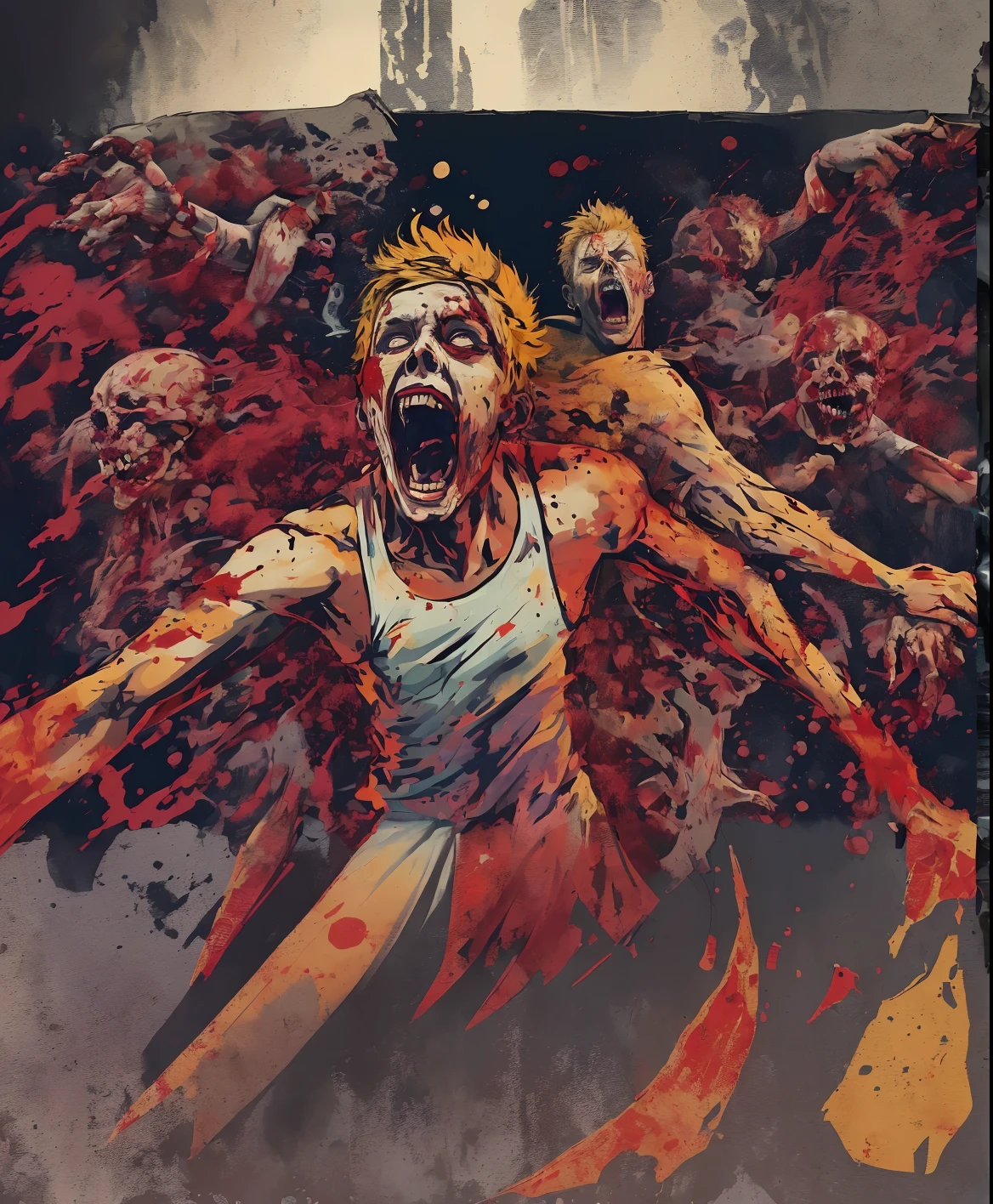 painting of a man with a bloody face and a bloody face on his face, zombie in horror concept art, detailed 4k horror artwork, horde of zombies, zombies, zombie horde, zombies attack, zombie's, horrific digital art, horror illustration, horrific background, zombified, zombie everywhere, horror artwork, by Galen Dara, zombies apocalipsis, background artwork