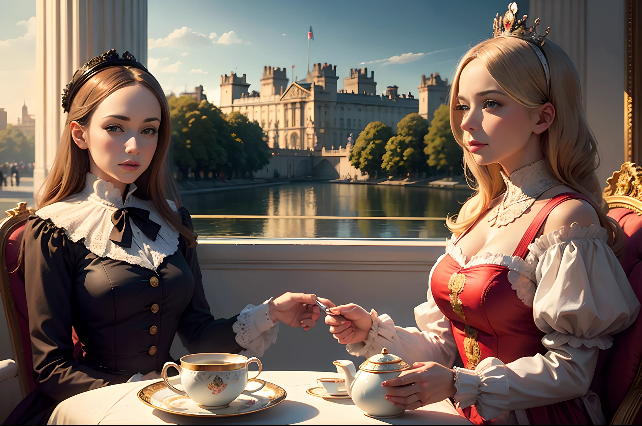 Queen Victoria drinking a hot tea, beautiful English teapot and cups, Buckingham Palace as background. Highly detailed.