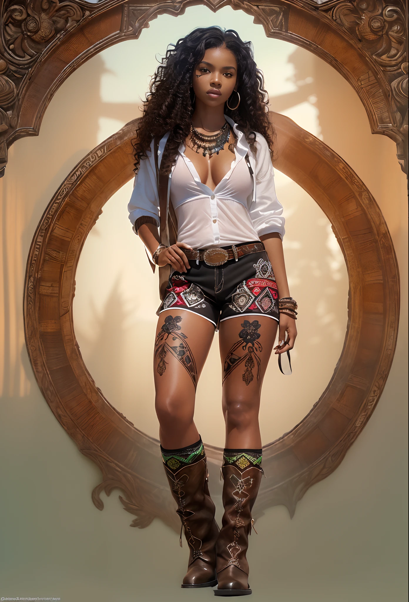 ((21-year-old))) black girl, (((light skin))),  (((close-up full body pose))),  (((long curly black hair))), (((patterned pantyhose with skimpy shorts))), (((wearing daisy-duke shorts, white shirt, unbuttoned half way, cowboy boots))), lara croft scenes, mayan tribal tattoos, dark fantasy art, Rich, Deep Colours, (intricate details:0.9), (HDR, hyper-detailing:1.2), (natural skin textures, hyper realisitc, glistening skin, soft light, Sharp),