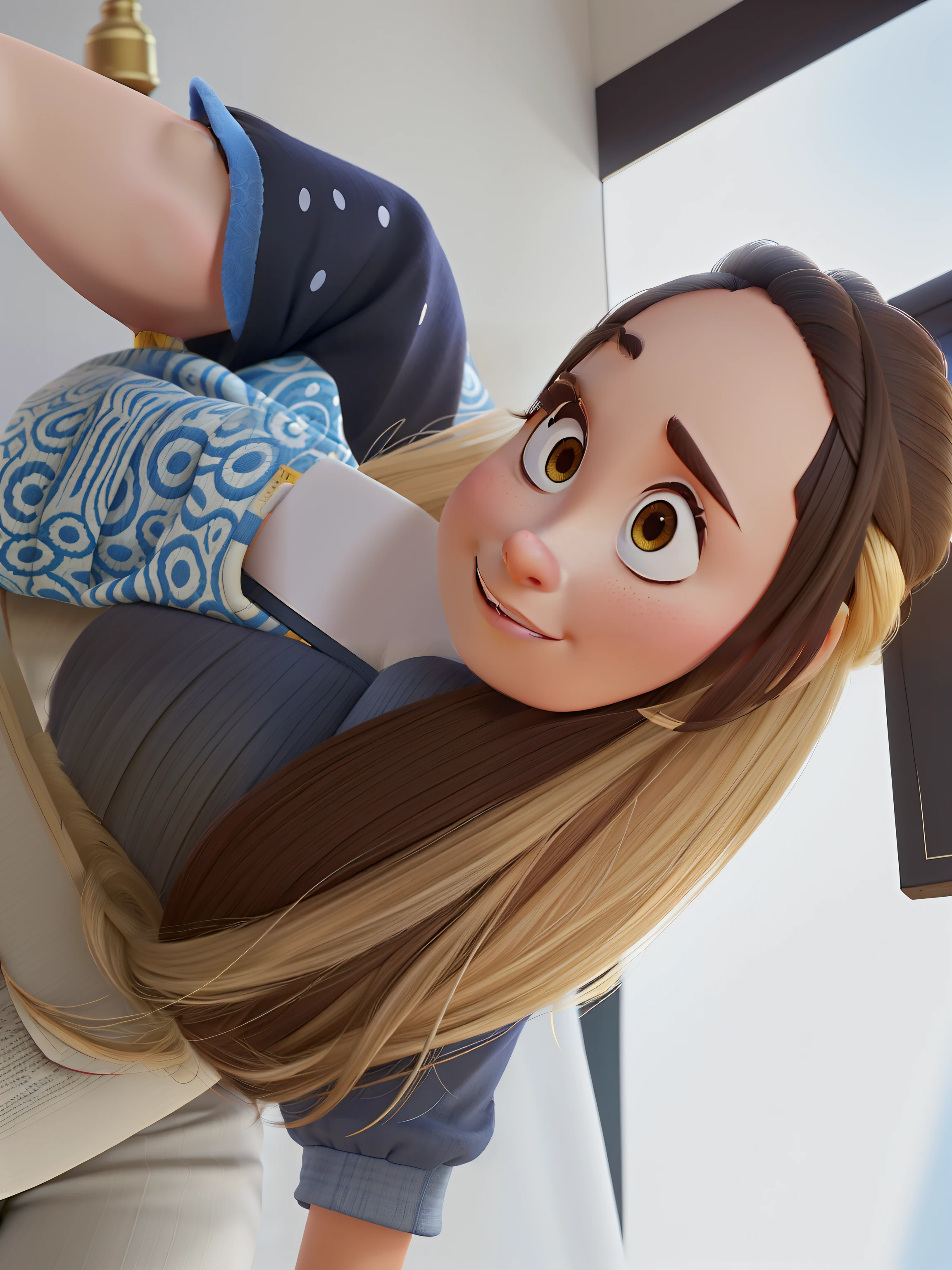 Crie um personagem no estilo Pixar da Disney, Mulher branca, cabelos compridos ruivos, olhos castanho, sentada em uma poltrona lendo um livro