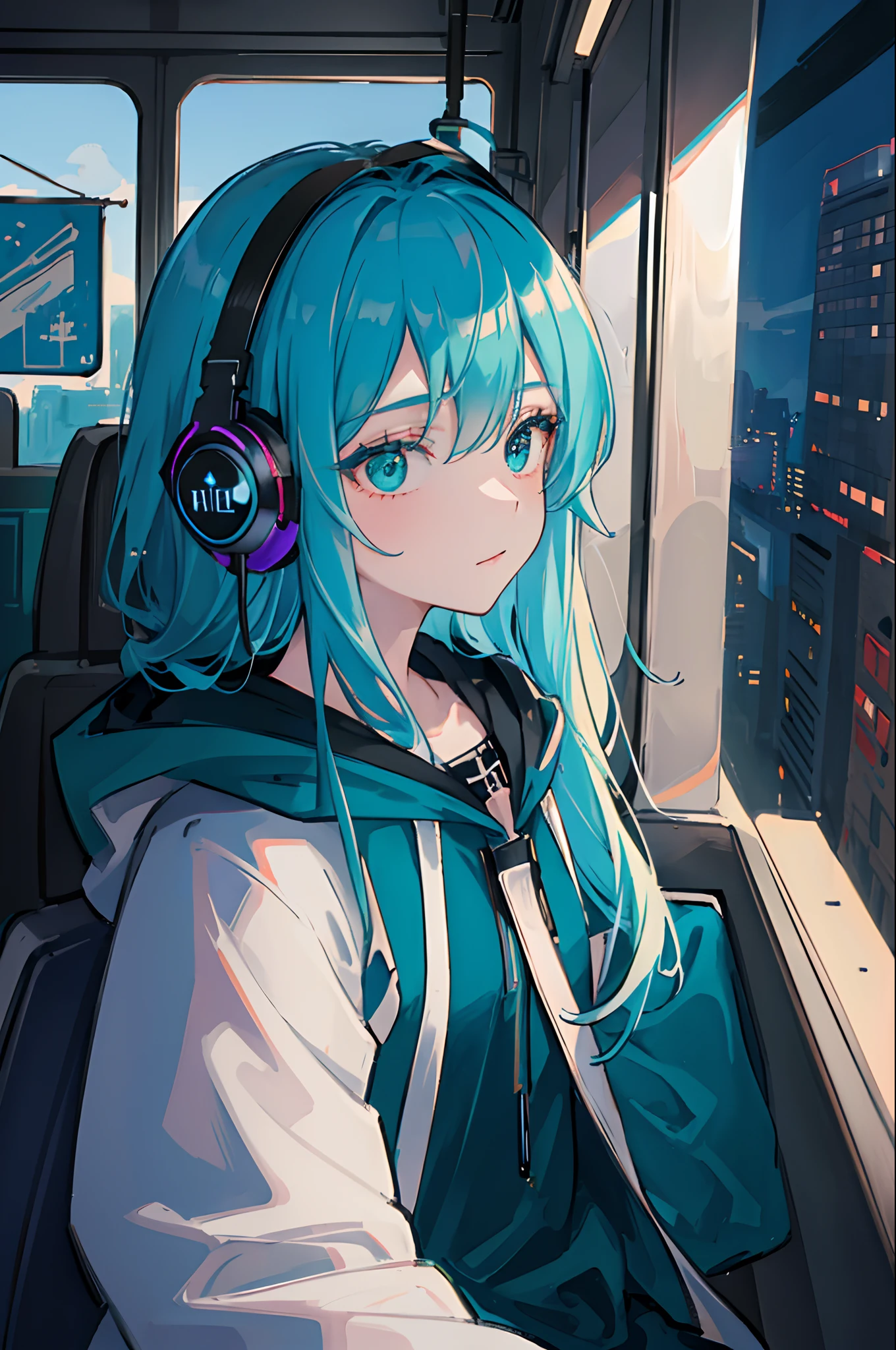 (masterpiece, sidelighting, ultra-detailed, finely detailed beautiful eyes: 1.2), 1girl, bag, building, from side, headphones, hood, hood down, hooded jacket, hoodie, jacket, long hair, teal hair, profile, solo, train, train interior, upper body, Masterpiece, best quality, (teal theme color:1.2), (hex color #008080)