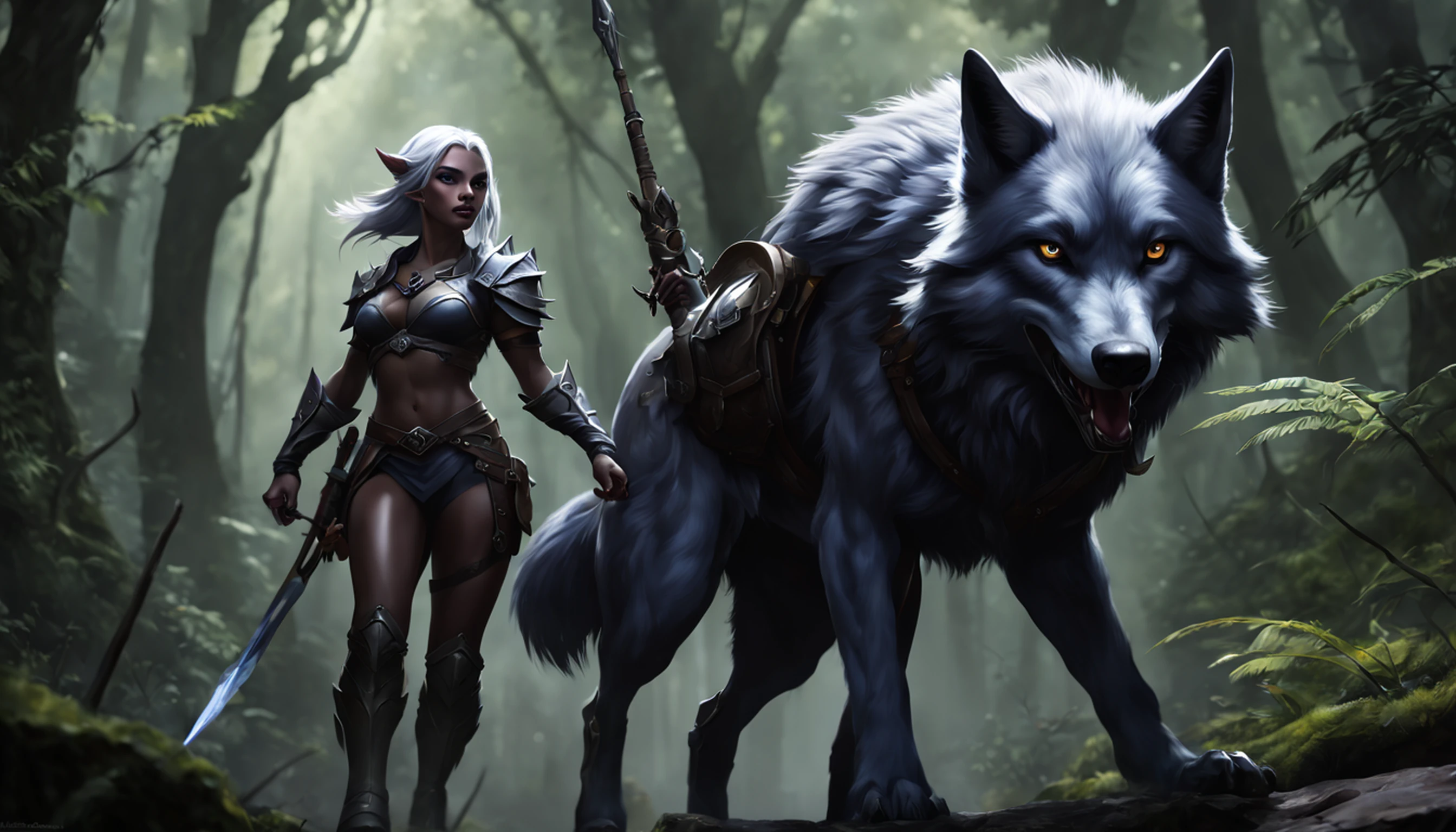 Detalhes altos, melhor qualidade, 8k, [ultra detalhado], master part, melhor qualidade, (extremamente detalhado), Dynamic angle, tiro ultra largo, .RAW, fotorrealista, arte de fantasia, arte dnd, Arte de RPG, arte realista, A wide-angle image of a female Drow Ranger and her pet wolf, guerreiro da natureza, lutador da natureza, corpo inteiro, [[anatomicamente correto]]. dynamic position (1.5 detalhes intrincados, master part, melhor qualidade) Conversando com um lobo (1.6 detalhes intrincados, master part, melhor qualidade) na floresta escura (1.5 detalhes intrincados, master part, melhor qualidade), uma mulher vestindo roupas de couro (1.4 detalhes intrincados, master part, melhor qualidade), Botas de couro, cabelos grossos, cabelos longos, cabelos brancos, pele negra olhos intensos, fundo da floresta (Detalhes intensos), luz da lua, luz das estrelas, nuvem (1.4 detalhes intrincados, master part, melhor qualidade), Dynamic angle, (1.4 detalhes intrincados, master part, melhor qualidade) 3D rendering, Detalhes altos, melhor qualidade, Altas, Ultra Grande Angular