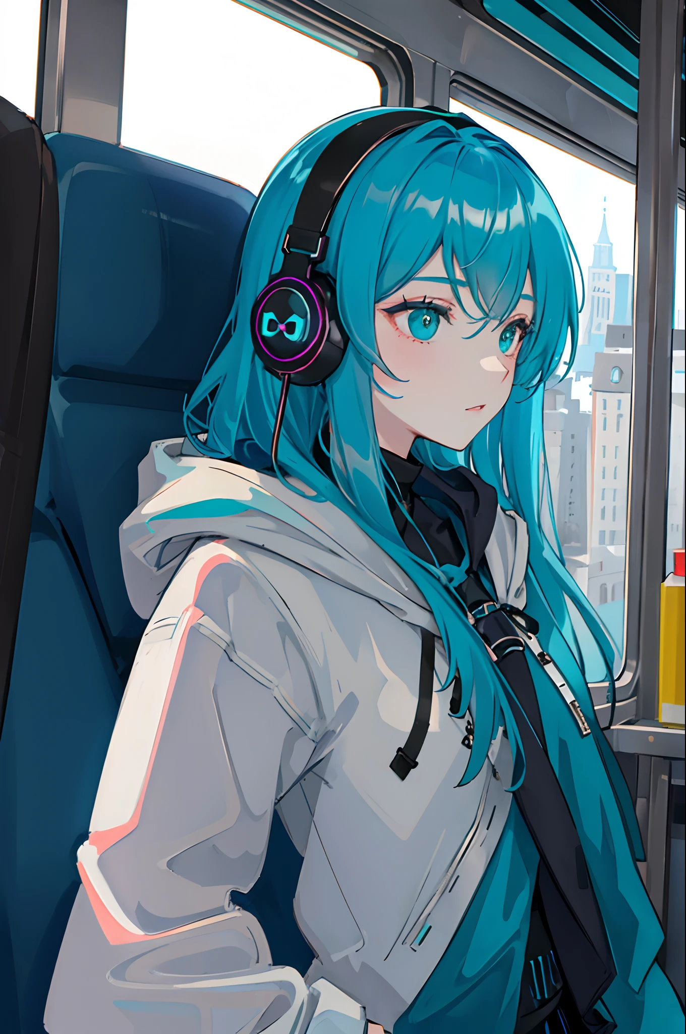 (masterpiece, sidelighting, ultra-detailed, finely detailed beautiful eyes: 1.2), 1girl, bag, building, from side, headphones, hood, hood down, hooded jacket, hoodie, jacket, long hair, teal hair, profile, solo, train, train interior, upper body, Masterpiece, best quality, (teal theme color:1.2), (hex color #008080)