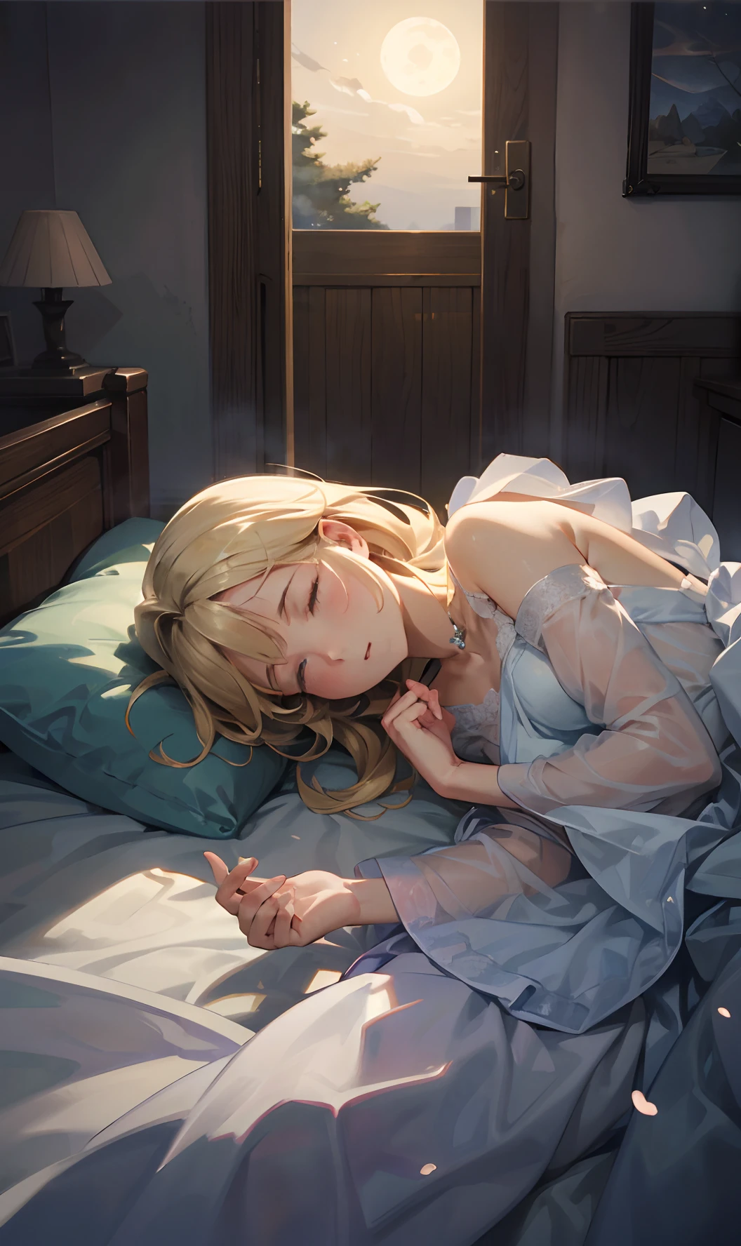 In a serene, Long blonde woman sleeping on bed in bedroom. Her eyes, Quietly closed, The air of silence in the room. Outside, From a nearby window, appearing。 (Night Moon), Painting the world with a gentle glow, Midnight Dawn. Inside, The room is dimly lit, (Dim lighting) aura, Enveloped in the silence of the moonlight. This atmosphere, accompany (Gentle night air), Quietly flowing around, Enveloping a woman wrapped in a cocoon of silence、Rest in peace、An air of silence