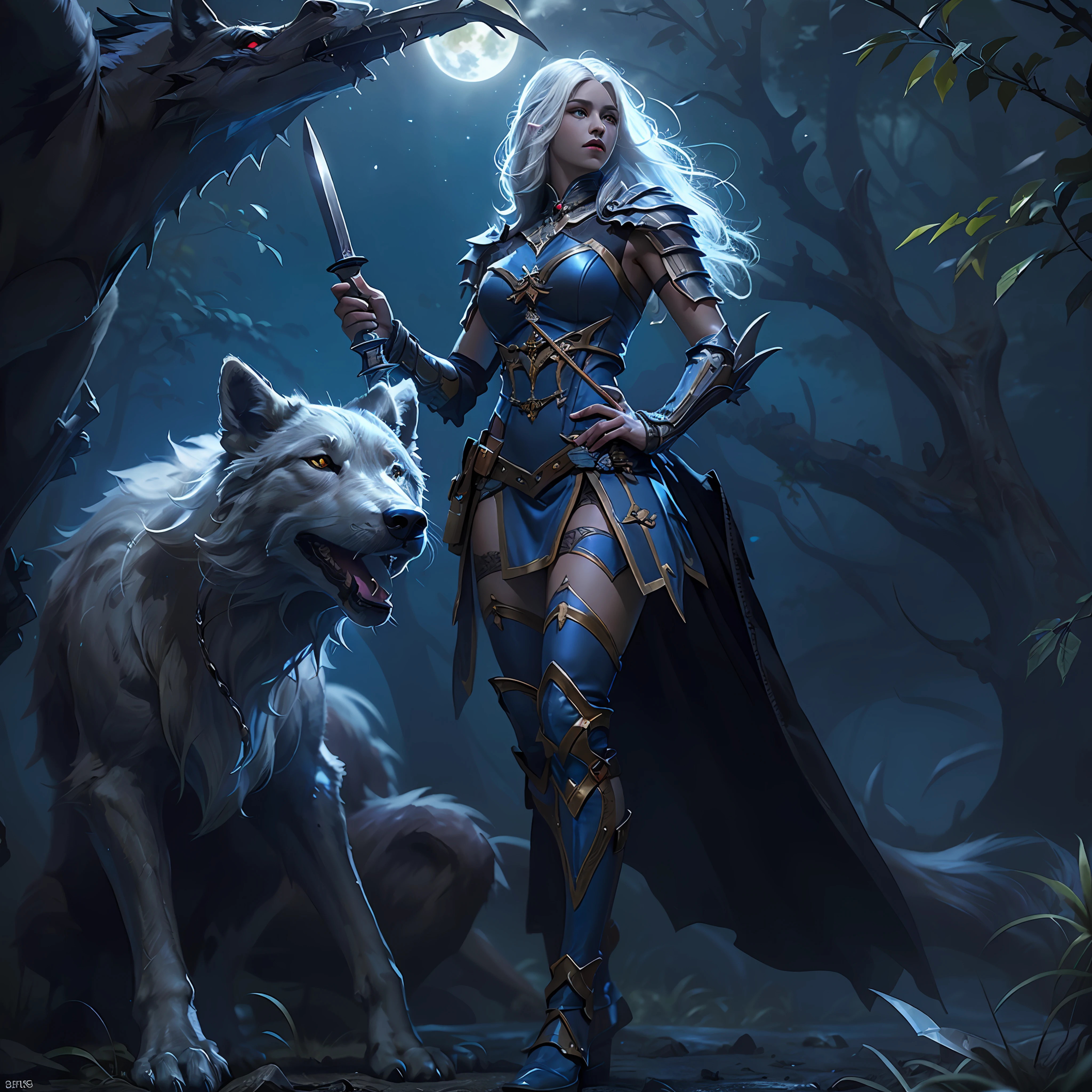 high details, best quality, 8k, [ultra detailed], masterpiece, best quality, (extremely detailed), dynamic angle, ultra wide shot, RAW, photorealistic, fantasy art, dnd art, rpg art, realistic art, a wide angle picture of an epic female drow ranger and her pet wolf,  warrior of nature, fighter of nature, full body, [[anatomically correct]] full body (1.5 intricate details, Masterpiece, best quality) talking to am epic wolf (1.6 intricate details, Masterpiece, best quality) armed with an epic magical sword  (1.5 intricate details, Masterpiece, best quality) epic magical sword, glowing in blue light. in dark forest (1.5 intricate details, Masterpiece, best quality), a female beautiful epic drow wearing leather armor (1.4 intricate details, Masterpiece, best quality), leather boots, thick hair, long hair, white hair, black skin intense eyes, forest  background (intense details), moon light, stars light, clouds (1.4 intricate details, Masterpiece, best quality), dynamic angle, (1.4 intricate details, Masterpiece, best quality) 3D rendering, high details, best quality, highres, ultra wide angle