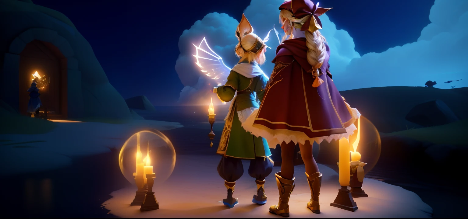 Cartoon animated animated scene of a couple of people standing in front of each other, medium shot of two characters, vestindo vestes de mago cheias de estrelas, Captura de tela do PC, Lalafell, Cotton cloud mage robes, captura de tela do jogo, captura de tela do jogo, jogabilidade ainda, Captura de tela do videogame>, Camadas Luminosas, 3d magic details, fey magical lighting, cutscene