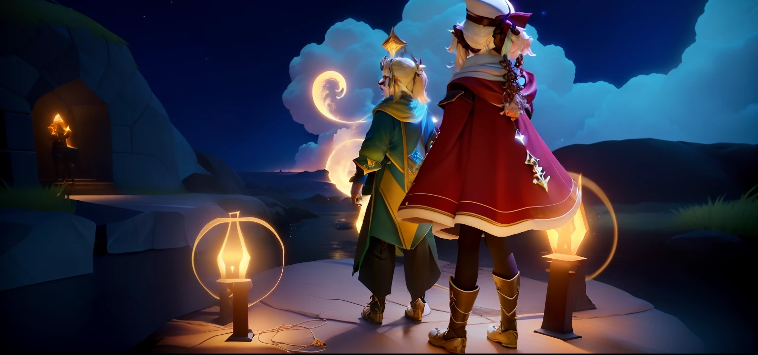 Cartoon animated animated scene of a couple of people standing in front of each other, medium shot of two characters, vestindo vestes de mago cheias de estrelas, Captura de tela do PC, Lalafell, Cotton cloud mage robes, captura de tela do jogo, captura de tela do jogo, jogabilidade ainda, Captura de tela do videogame>, Camadas Luminosas, 3d magic details, fey magical lighting, cutscene