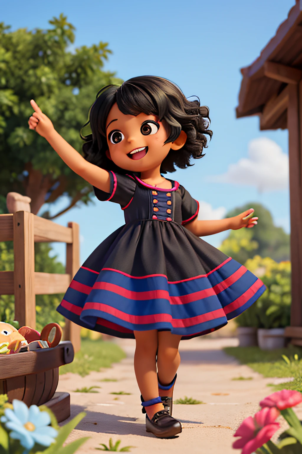 pequena joven exploradora fazendo varias poses e sorrindo , ETINIA NEGRA , Children's book illustration style, She's cute and she's 8 , her hair is black and VERY curly, The skin tone is dark black and she is wearing a shawted dress with red and blue stripes