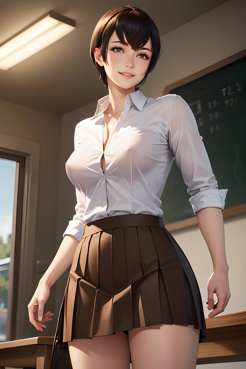 (best quality, masterpiece:1.2), ultra-detailed, realistic, mature woman, detailed hair, detailed eyes, detailed lips, kjelle, military school uniform, closed opaque white shirt, erect nipples, pleated skirt, classroom, upper body, looking at viewer, realistic colors, studio lighting, short hair, brown eyes, medium breasts, [abs:0.4], (muscular), from below, (happy smile)