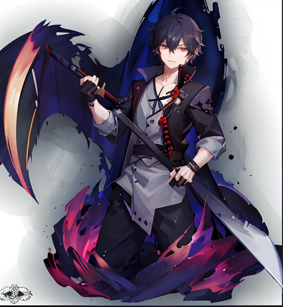 anime boy l with a large scyther in a dark forest, detailed key anime art, handsome guy in demon slayer art, Black long hair, metalhead boy, inspired by Okumura Masanobu, light novel cover art, key anime art, zhongli from genshin impact, detailed anime character art, shigenori soejima illustration, vampire boy, scythe in hand, pale skin, horror style, killer, crazy boy