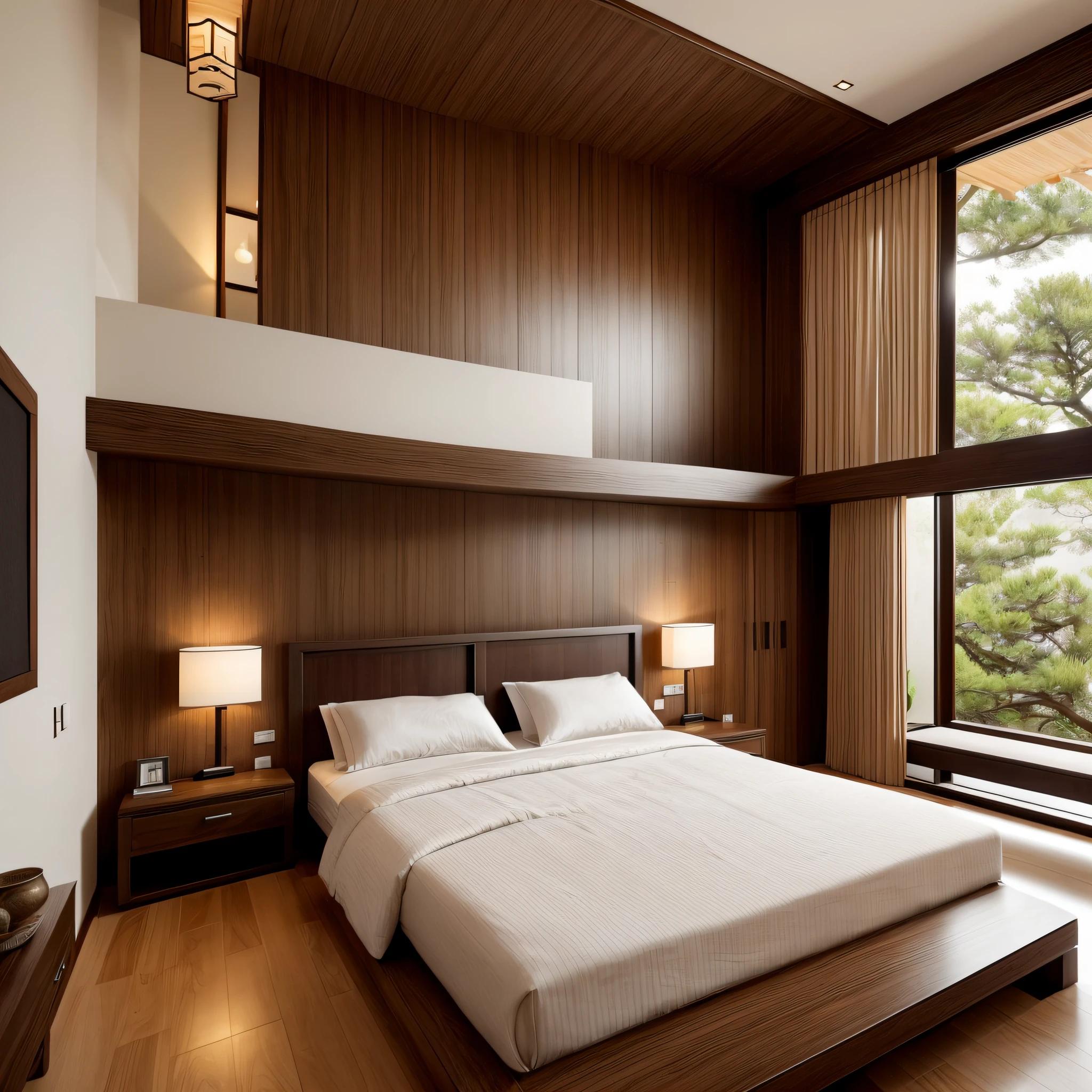 Bedroom
Style: Zen Retreat
Interior: The bedroom is a peaceful retreat with a neutral color palette and minimalistic furniture. Dark wood accents, such as a carved wooden headboard, evoke traditional Chinese craftsmanship.
Decor: Red bonsai trees on bedside tables add a pop of color and tranquility. Chinese-inspired silk bedding and cushions contribute to a serene sleeping environment.
Atmosphere: A harmonious blend of modern comfort and Zen-inspired simplicity, creating a perfect sanctuary for rest.