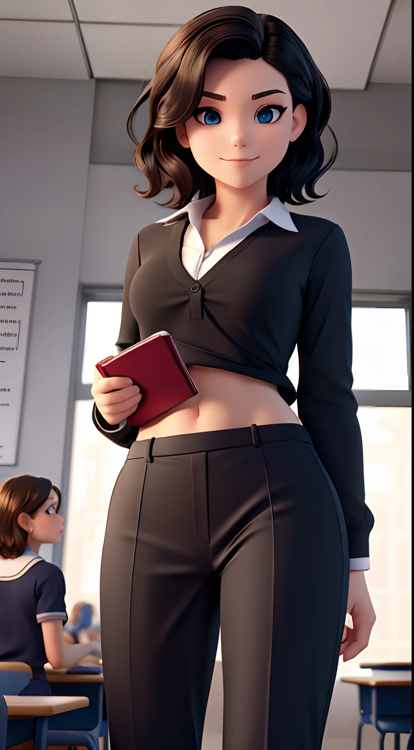 One Girl, (Short Wavy Hair), smirking, evil, low angle, black outfit, midriff, navel, Ultra Detailed Face, Detailed Lips, Fine Eyes, Double Eyelids, Colorful teacher uniform, On the classroom, ((from below)), beautiful hair color, short hair, teacher, teacher uniform, wearing teacher uniform, teacher uniform, teaching student, in front of class, on the classroom,