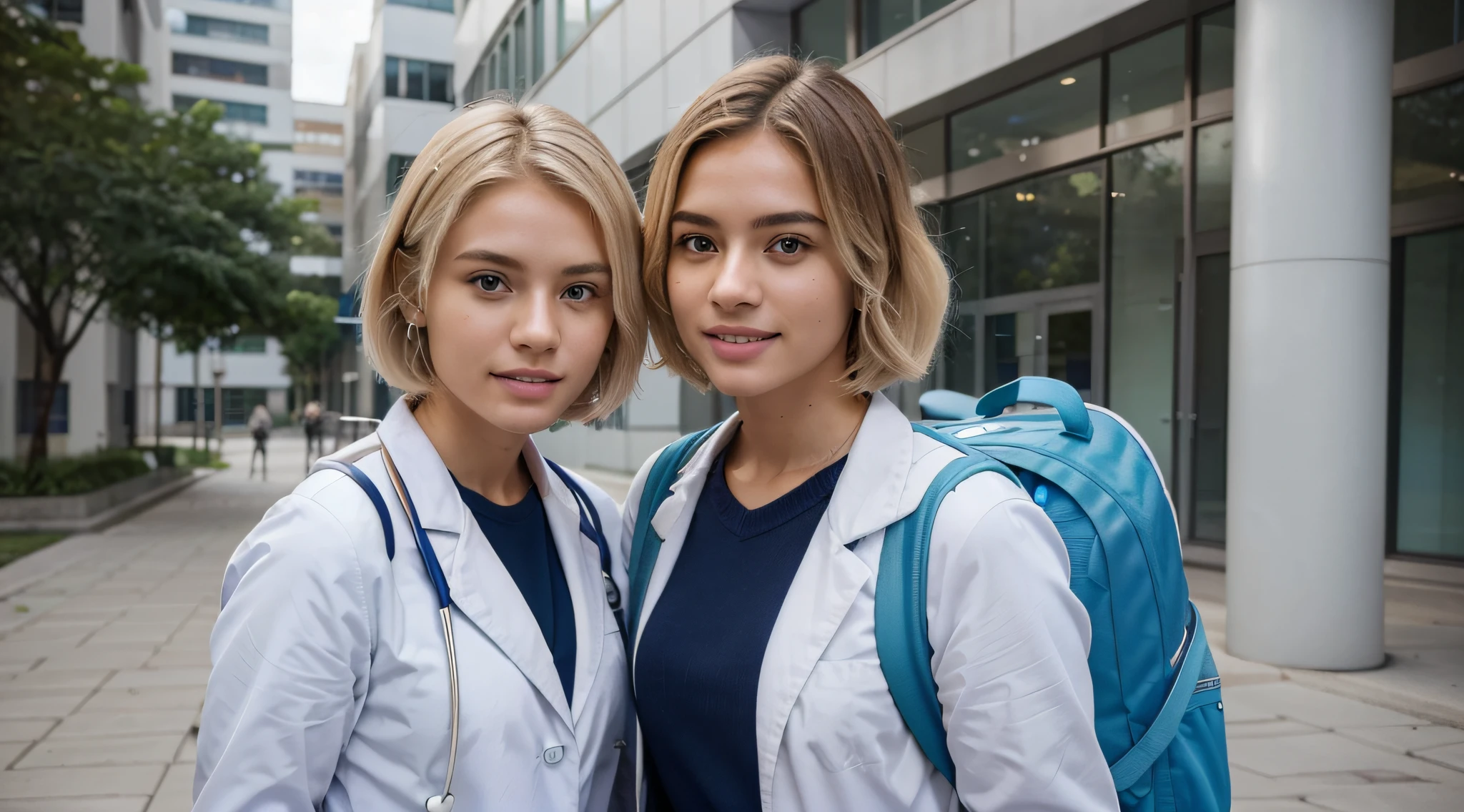 Create a prompt that generates images of medical students with Brazilian features, wearing a white coat and a blue backpack on their back. Ensure the inclusion of short, blonde hair without a stethoscope. Make sure the lighting is realistic and depict the students with white and aligned teeth, in front of a university. Please make the images as realistic as possible