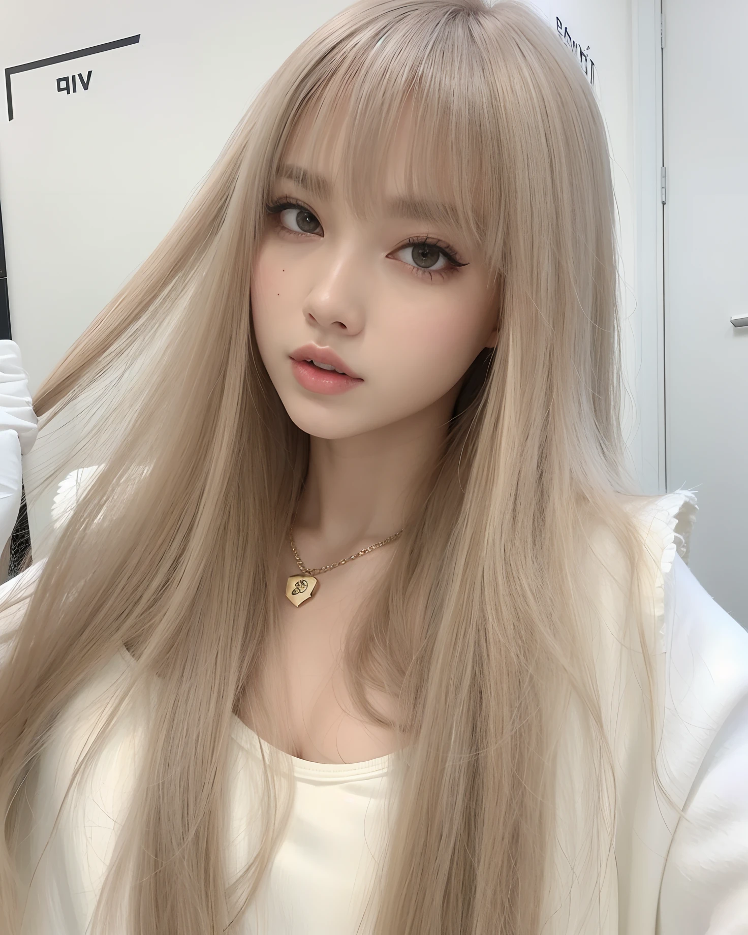 um close up de uma mulher com longos cabelos loiros vestindo uma camisa branca, Lalisa Manobal, Lalisa Manoban do Blackpink, longos cabelos brancos e franja, cabelo comprido com franja completa, cabelos longos com franja, branco hime corte penteado, Ulzzang, com franja, com franja completa, Franja reta longa, com cabelos longos brancos, cabelo loiro cinza