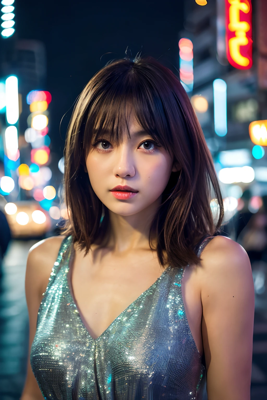 1girl, Tokyo street,night, cityscape,city lights, upper body,close-up, 8k, RAW photo, best quality, masterpiece,realistic, photo-realistic,