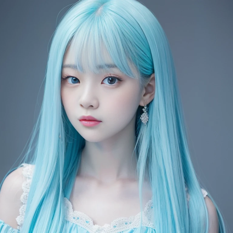 1girl, kpop idol, Cover photo, Pastel blue aesthetic, Pastel blue Fluffy dress, Cover photo, Doe eyes, Close up, long hair straight, Albino