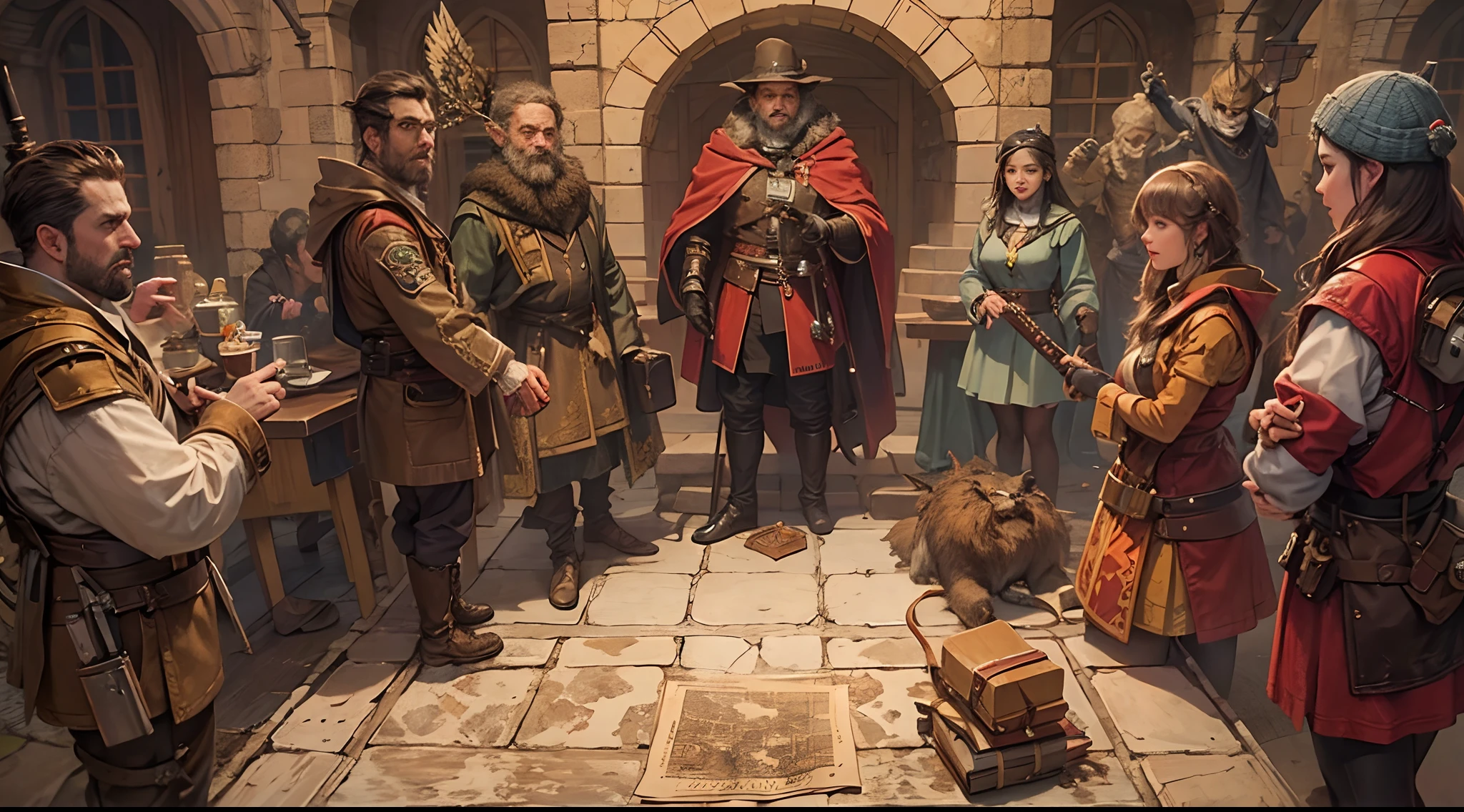 in a guildhall several adventurers stand in a circle discussing, on a board there are maps with unknown territories, around them several tables with food and drink, behind them is a long cobblestone reception platform manned by entites from every sort of race taking care of guild business, the adventurers are geared with weapons and backpacks and each fill a unique role in the group very stereotypical of a roleplay game,
