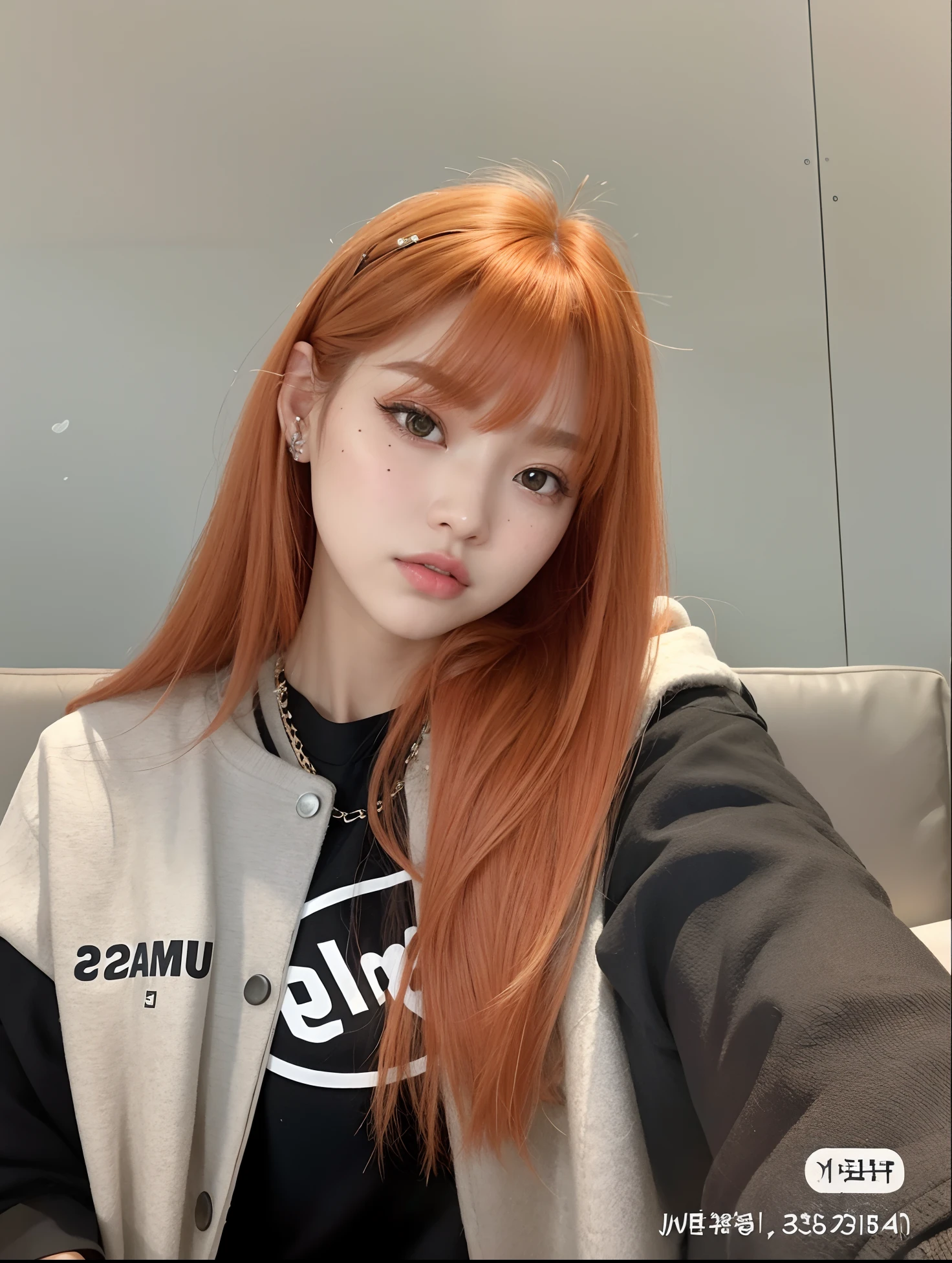 A closeup of a person with long red hair sitting on a sofa, Lalisa Manobal, Lalisa Manoban do Blackpink, O corte Hime, Ulzzang, com franja, com franja completa, cabelos longos com franja, cabelo comprido com franja completa, cabelo arrumado com franja, franja marrom, franja central separada, jossi do blackpink