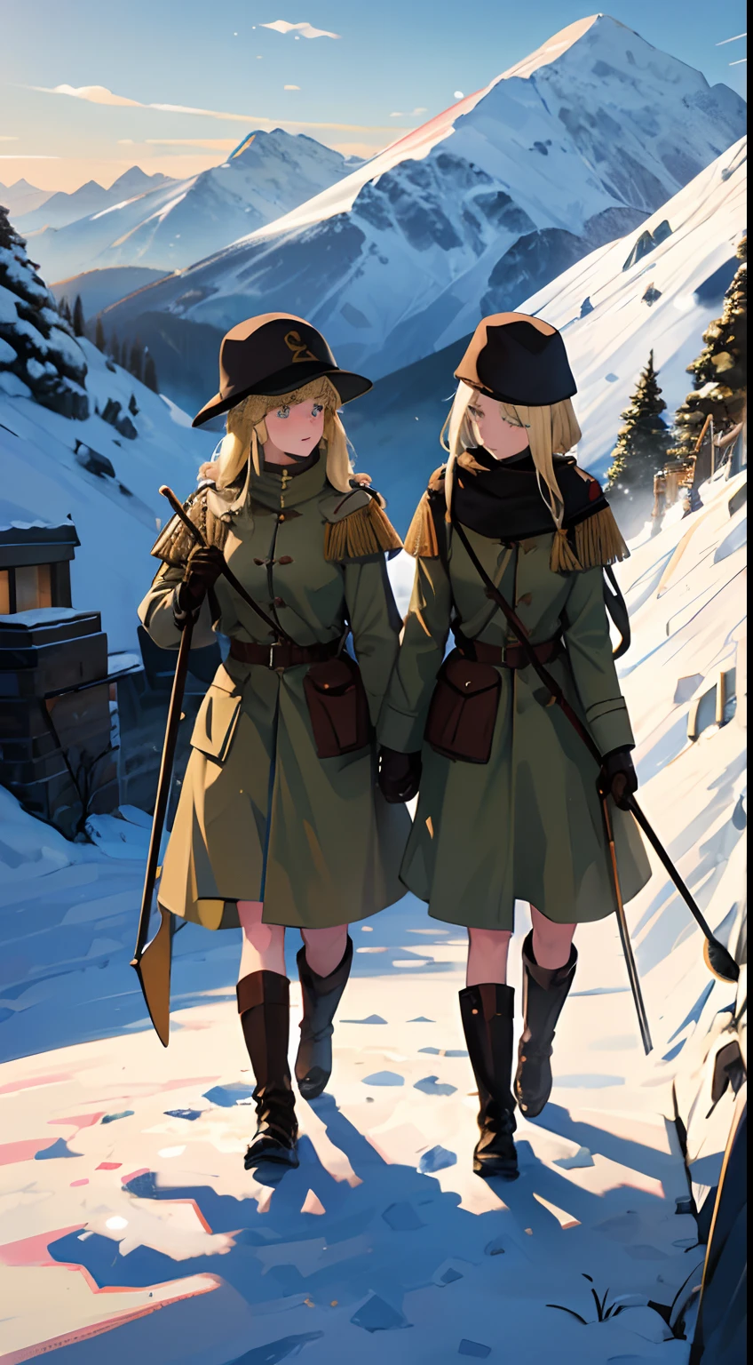 trench warfare, WW1, {{2 girls}}, blond, in snow mountain, fjord, ushanka, winter coat, BDU, 1 girl holding military shovel, (best quality, perfect quality), high resolution, looking afar