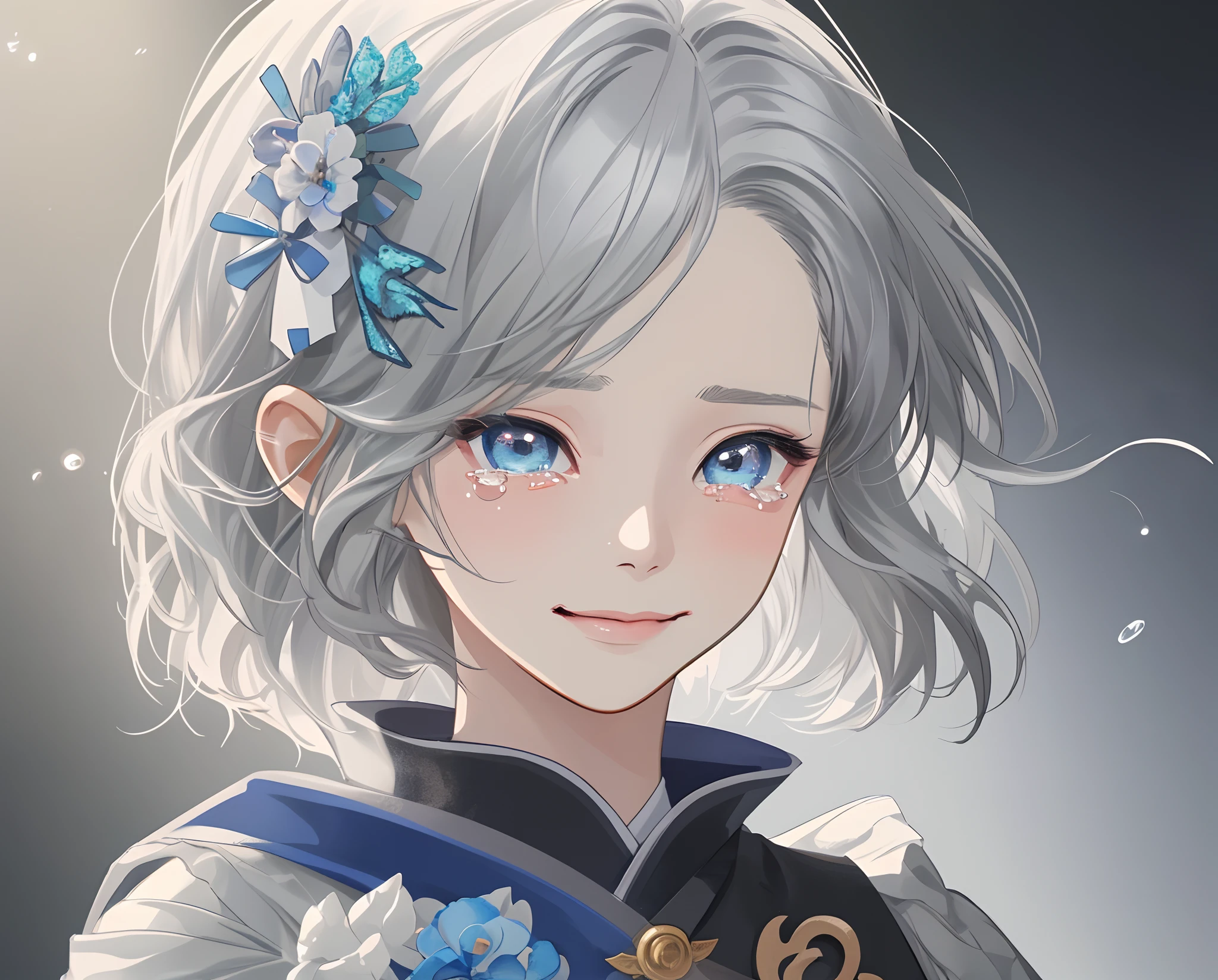 masterpiece、top-quality、超A high resolution、2D Beautiful Girl、animesque、teens girl、greyt hair、short-haired、Floral hair ornament、Beautiful silver eyes、The clothes are also depicted in detail、Eyes are depicted in detail、The face is depicted in detail、sorcerer、soio、Sad smile、tears、hair adornments、animesque、illustratio