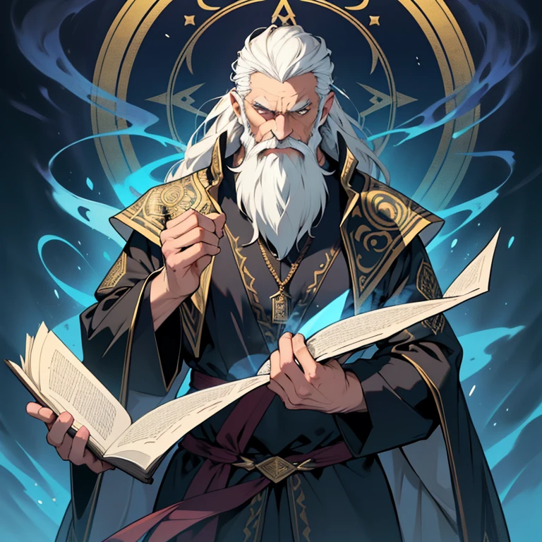 A senior mage，Long, The flowing white beard stands with the breath of wisdom and strength. His beard, Layers hung down to his chest, Possess traces of a lifetime of mystical knowledge and experience. His eyes, Shine with a hint of magic, Possess secrets and stories that no one knows. He wears robes decorated with intricate symbols and runes, Reflects his mastery of the occult arts. His demeanor exudes a sense of calmness and authority, When he carries with him the grace of a man who has seen many times. The art style should emphasize his age and intelligence，All while maintaining an atmosphere of mystery and respect for his magical abilities.