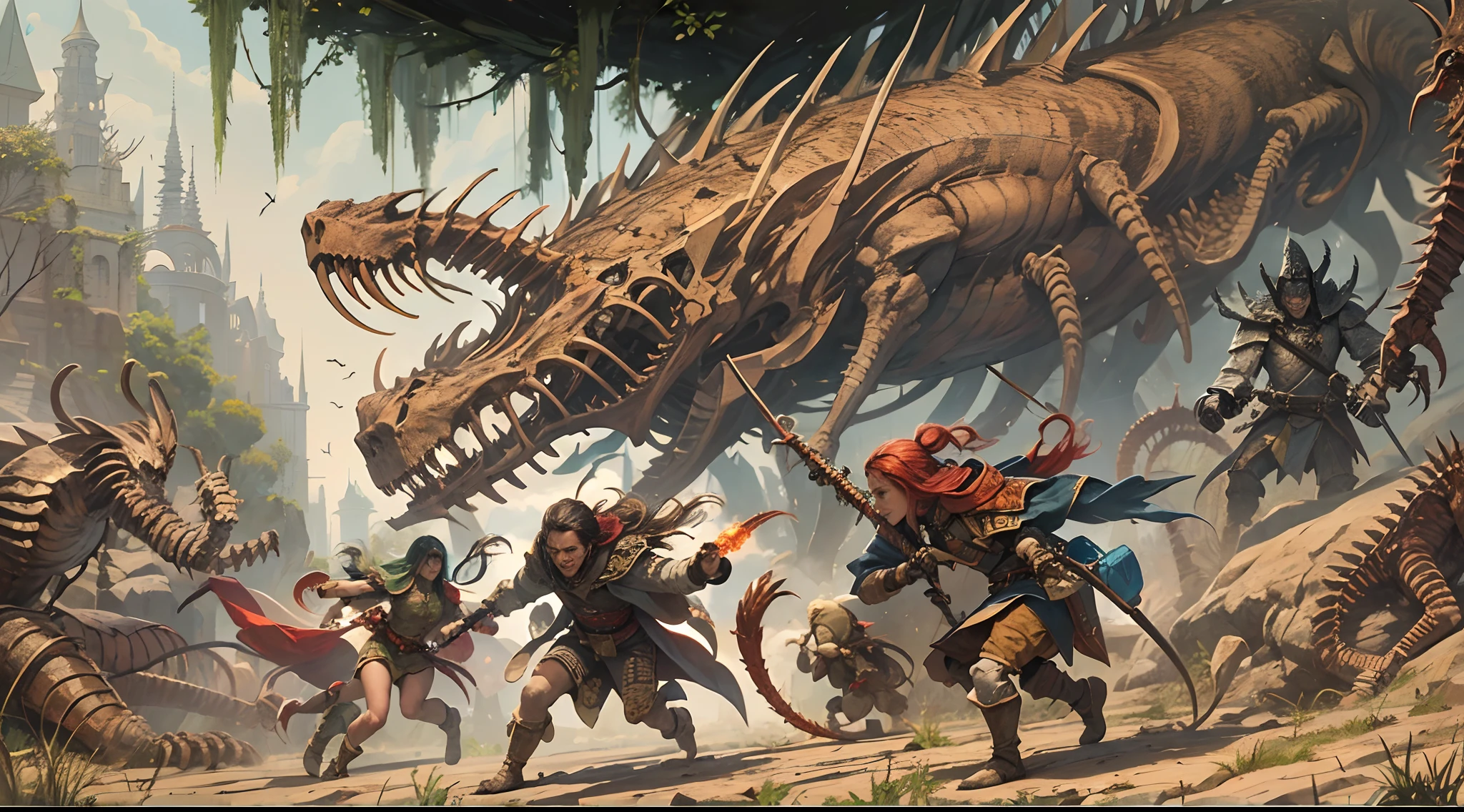 four adventurers running away from a battle, behind them a giant skeletal centipede gives chase, under the centipedes feet is the remenants of a camp set up now thrashed by the monster, the adventurers consist of an female elf ranger, a dwarf fighter, a human necromancer and a birdperson paladin