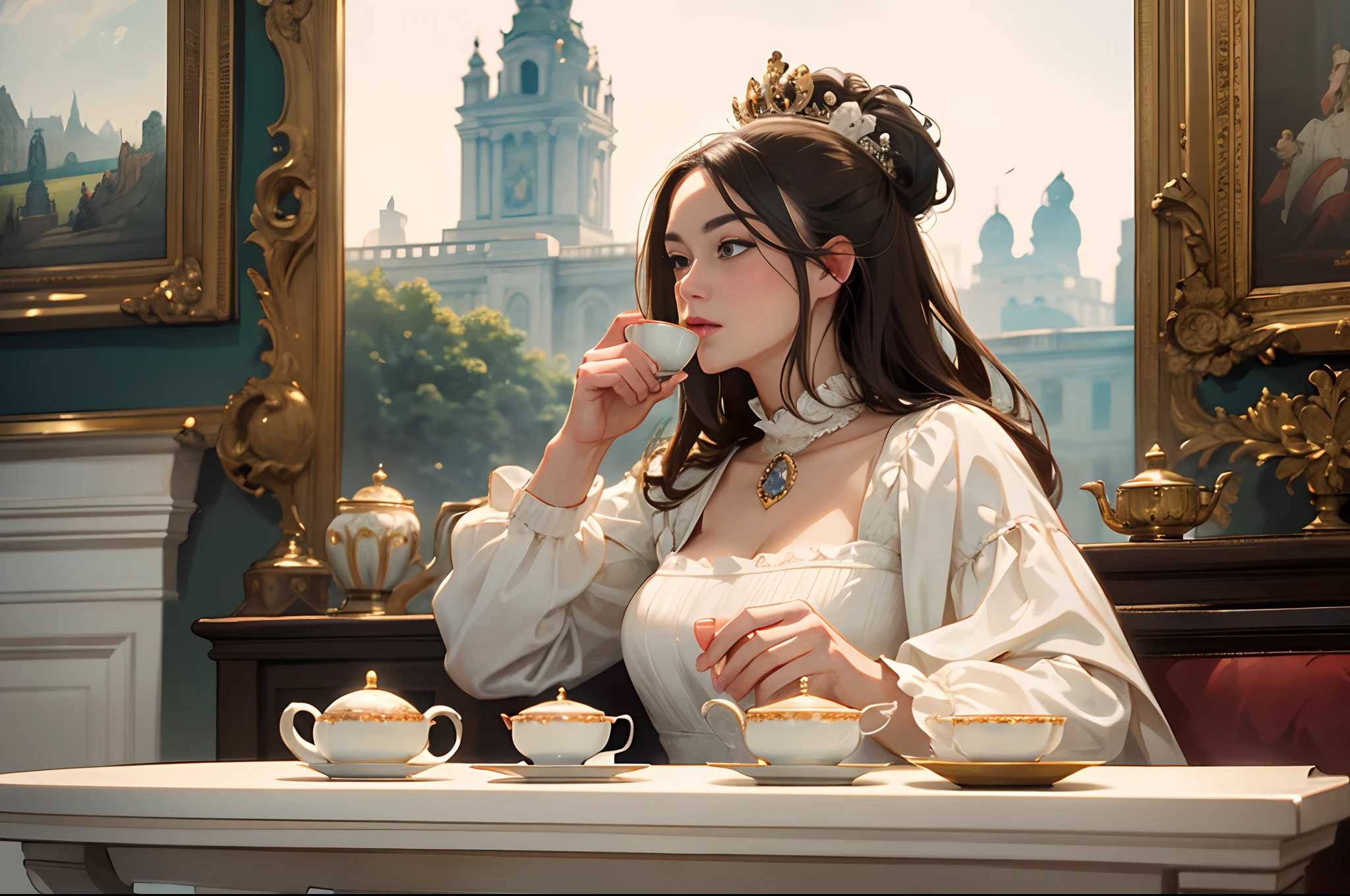 Queen Victoria drinking a hot tea, beautiful English teapot and cups, Buckingham Palace as background. Highly detailed.