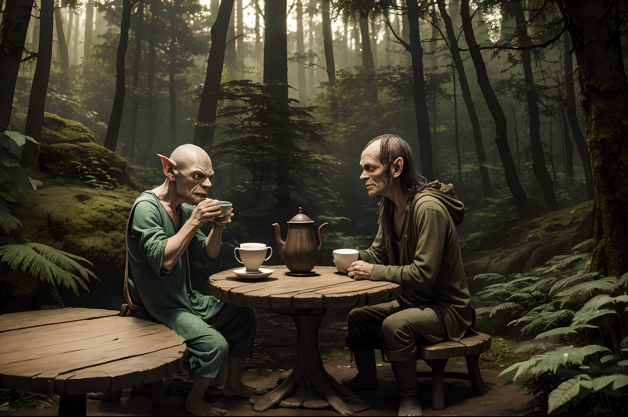 Gollum drinking a hot cup of tea, small wodden table, Forest as background. Highly detailed.