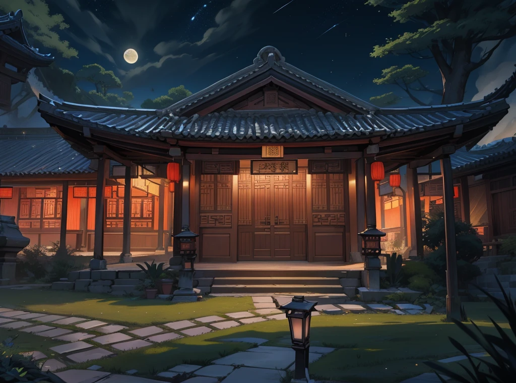 Manhwa Style，Two-dimensional painting style，Heads-up view，natta，Ancient yard，There are trees in the yard，The black shadow flashed，There are no lights，Dark， Ancient Chinese background，the night，Ancient Chinese houses，themoon， the trees，，Bluestone path，Lanterns，light particules，glowworm，the night：1.5，themoon，As estrelas，tmasterpiece， super detailing， Epic composition， hyper HD， high qulity， extremely detaile， offcial art， 统一 8k 壁纸， super detailing