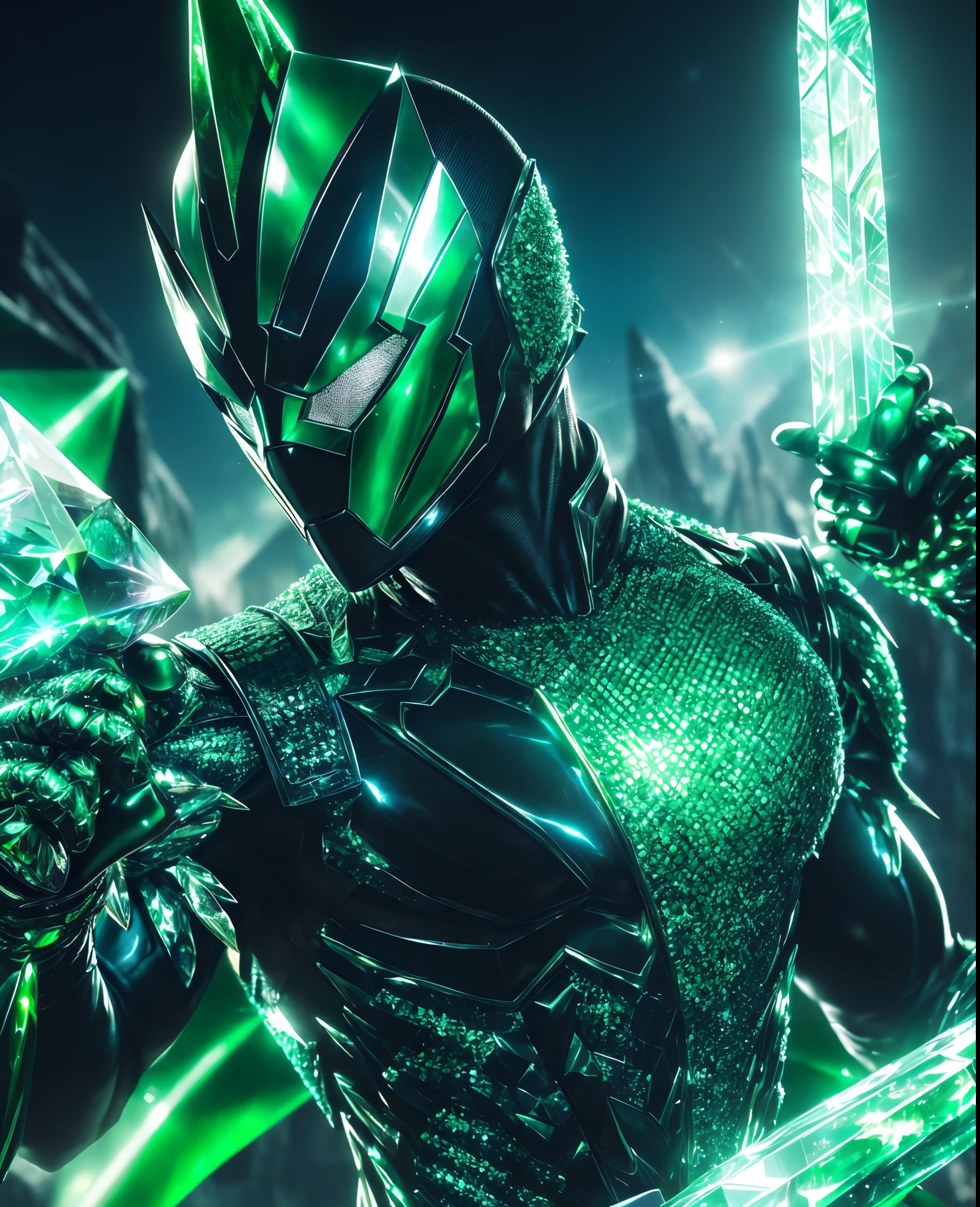 (extremely detailed 8k wallpaper), Close-up (futuristic masked Green-crystal-man From Marvel dressed in Goth style: 1.3) emerging from the the crystal world, crystal pipes, extremely detailed, volumetric lighting