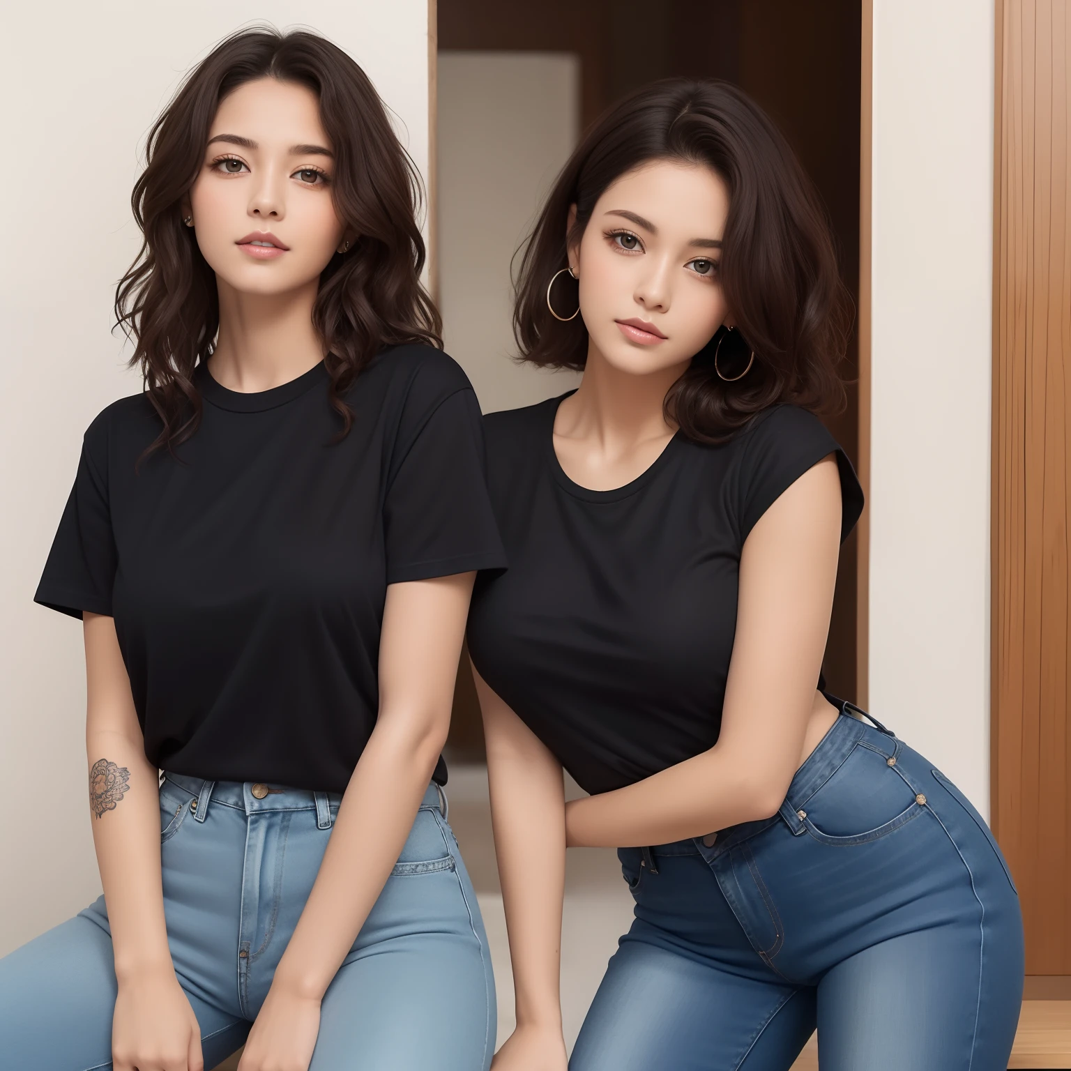 Uma mulher morena baixinha tenho 1,58 tall has short curly dark brown hair has light brown eyes has tattoo is wearing a black t-shirt a pair of black jeans