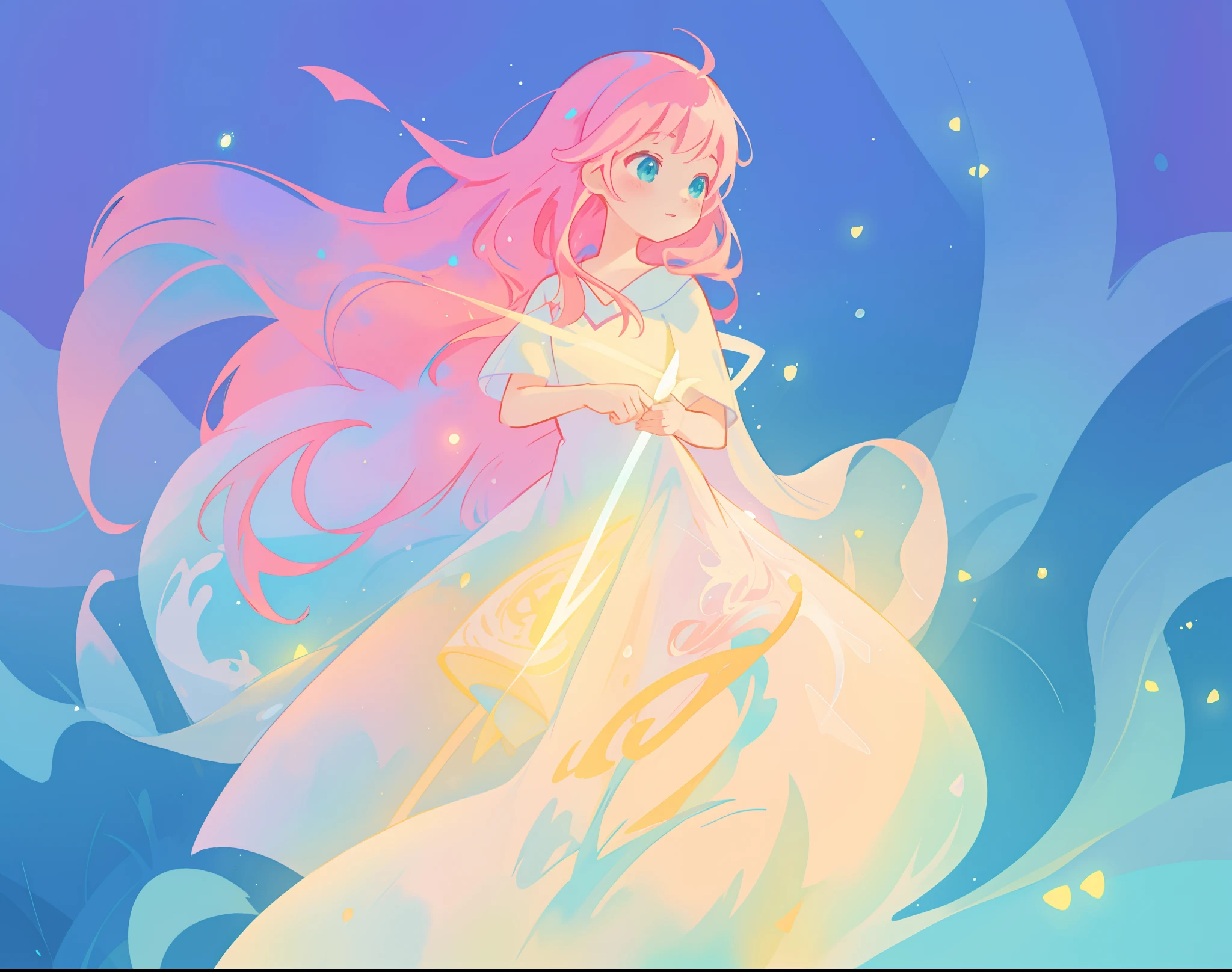 beautiful girl in flowing white dress, vibrant pastel colors, (colorful), magical lights, long flowing colorful pink hair, otherworldly aqua and blue landscape background, inspired by Glen Keane, inspired by Lois van Baarle, disney art style, by Lois van Baarle, glowing aura around her, by Glen Keane, jen bartel, glowing lights! digital painting, flowing glowing hair, glowing flowing hair, beautiful digital illustration, fantasia background, whimsical, magical, fantasy, beautiful face, ((masterpiece, best quality)), intricate details, highly detailed, sharp focus, 8k resolution, sparkling detailed eyes, liquid watercolor