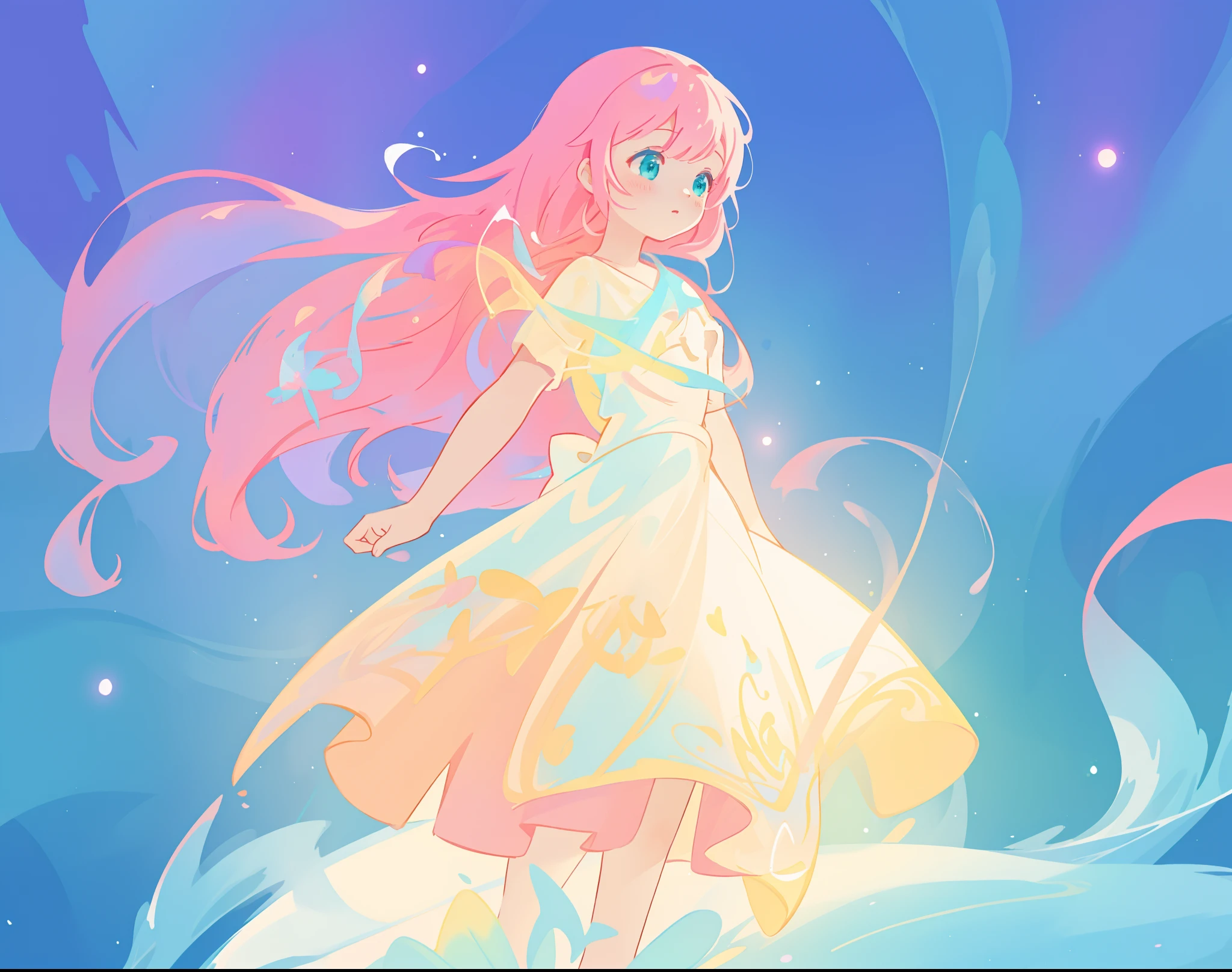 beautiful girl in flowing white dress, vibrant pastel colors, (colorful), magical lights, long flowing colorful pink hair, otherworldly aqua and blue landscape background, inspired by Glen Keane, inspired by Lois van Baarle, disney art style, by Lois van Baarle, glowing aura around her, by Glen Keane, jen bartel, glowing lights! digital painting, flowing glowing hair, glowing flowing hair, beautiful digital illustration, fantasia background, whimsical, magical, fantasy, beautiful face, ((masterpiece, best quality)), intricate details, highly detailed, sharp focus, 8k resolution, sparkling detailed eyes, liquid watercolor