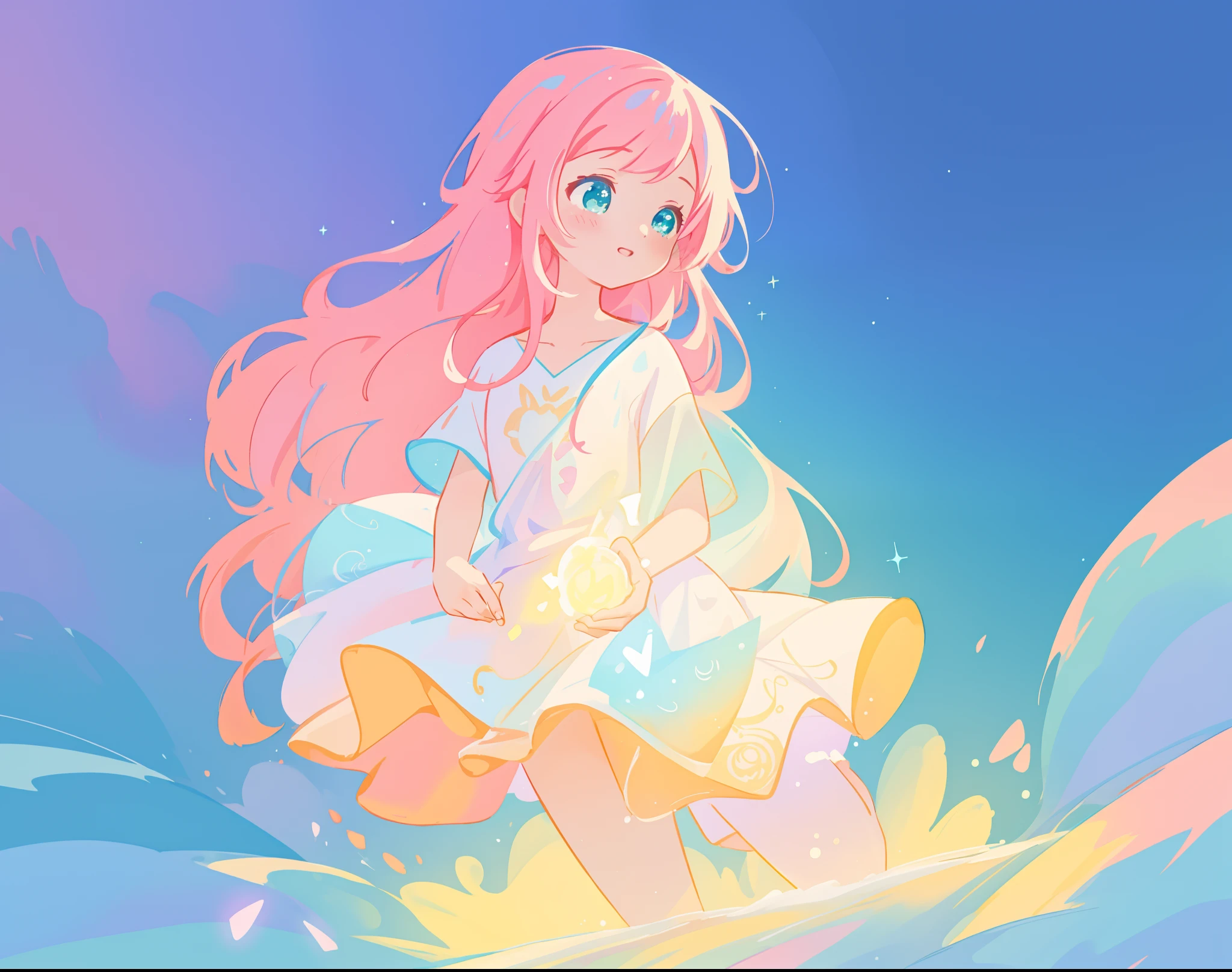 beautiful girl in flowing white dress, vibrant pastel colors, (colorful), magical lights, long flowing colorful pink hair, otherworldly aqua and blue landscape background, inspired by Glen Keane, inspired by Lois van Baarle, disney art style, by Lois van Baarle, glowing aura around her, by Glen Keane, jen bartel, glowing lights! digital painting, flowing glowing hair, glowing flowing hair, beautiful digital illustration, fantasia background, whimsical, magical, fantasy, beautiful face, ((masterpiece, best quality)), intricate details, highly detailed, sharp focus, 8k resolution, sparkling detailed eyes, liquid watercolor