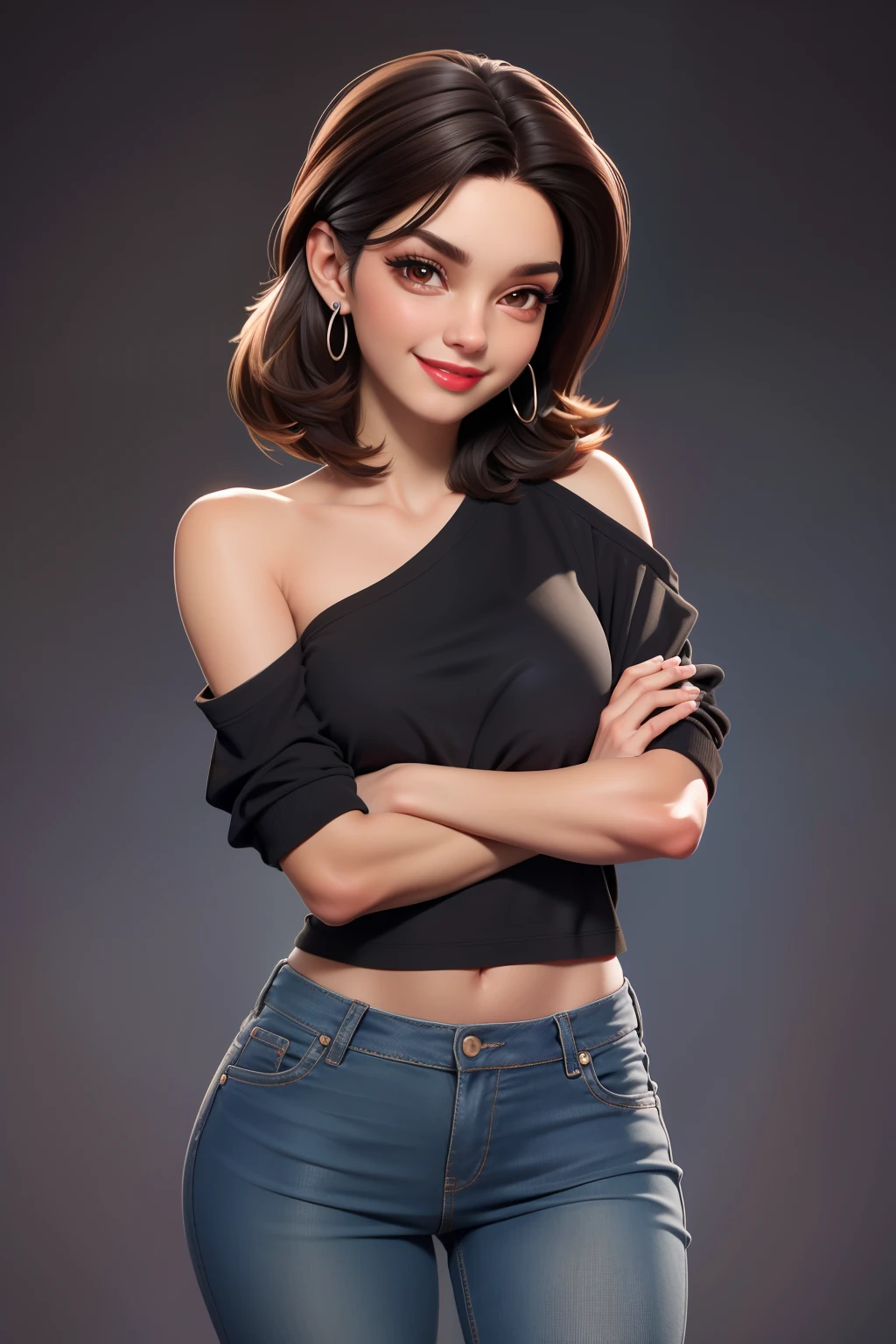 Uma mulher morena baixinha  tenho 1,58 ao lado, Has short dark brown hair with shoulder has a light brown eye She's wearing a long black t-shirt, Preto rasgado Long Jeans Sneakers Cor preta, A beautiful smile, Tenho 22anos, Her name is Larissa, Ela tem uma tatuagem, Man, she is beautiful, sexy, hot, Usando um brinco de aro prateado, You're wearing makeup, You're wearing red lipstick, Kinda gordinho, tem muito peito